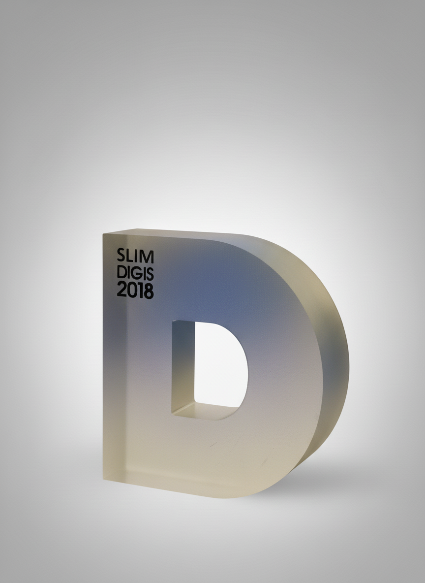 A large, three-dimensional letter D with the text "SLIM DIGIS 2018" on the top left side, set against a plain light gray background.