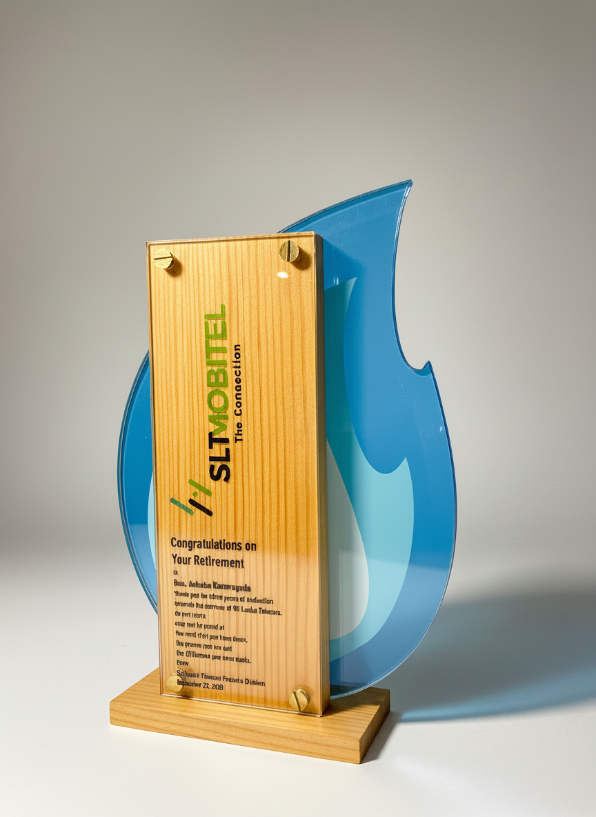 A wooden and clear acrylic retirement award with a blue glass flame shape in the background.