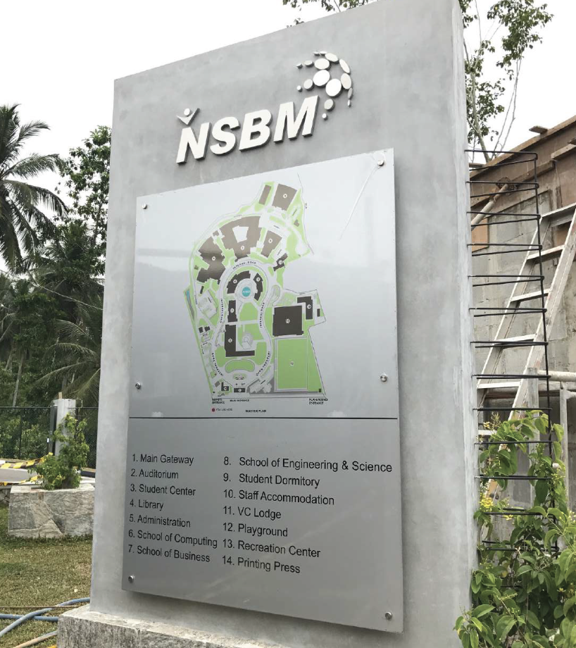 Signboard displaying a map and list of buildings and facilities at NSBM, including main gateway, auditorium, student center, library, administration, school of computing, school of engineering & science, student dormitory, staff accommodation, VC lodge, playground, recreation center, printing press.