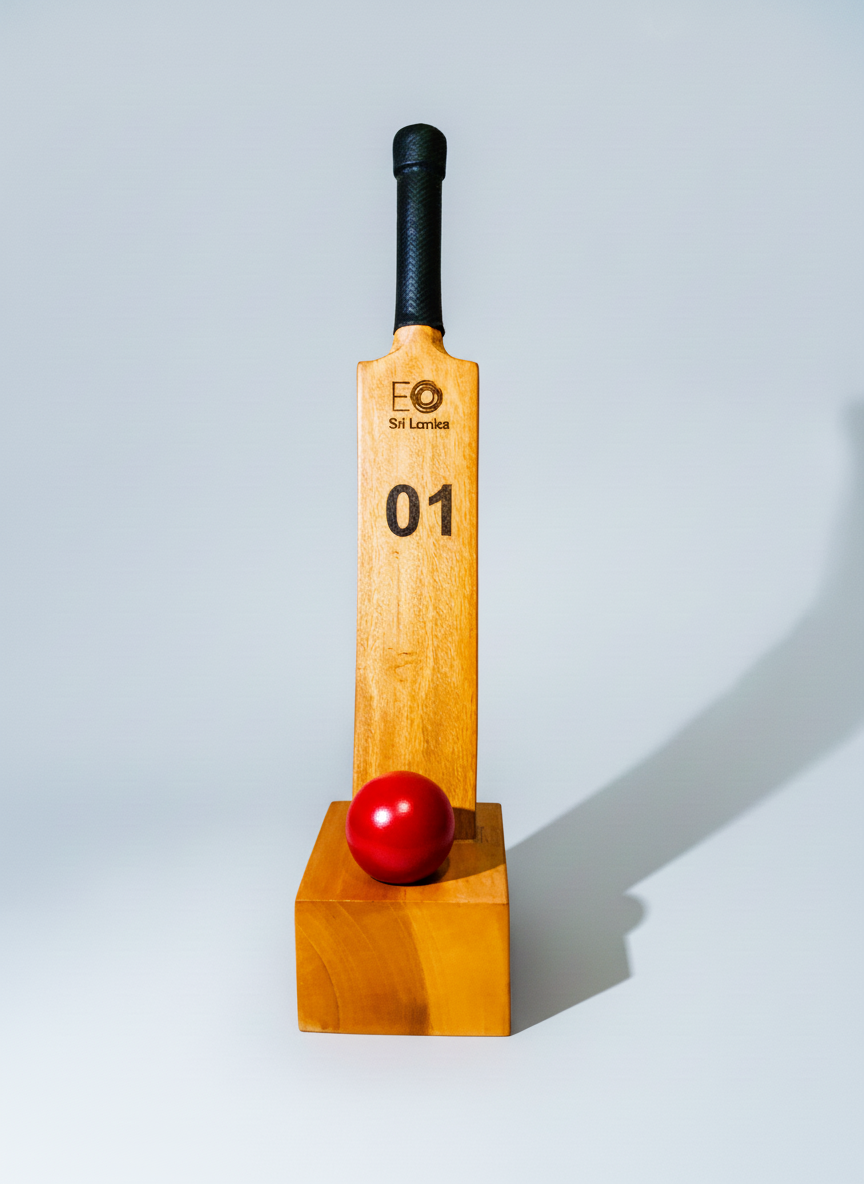 A wooden cricket bat with the number 01 and the text 'Sri Lanka' printed on it, a red cricket ball resting on a wooden stand, set against a plain background.