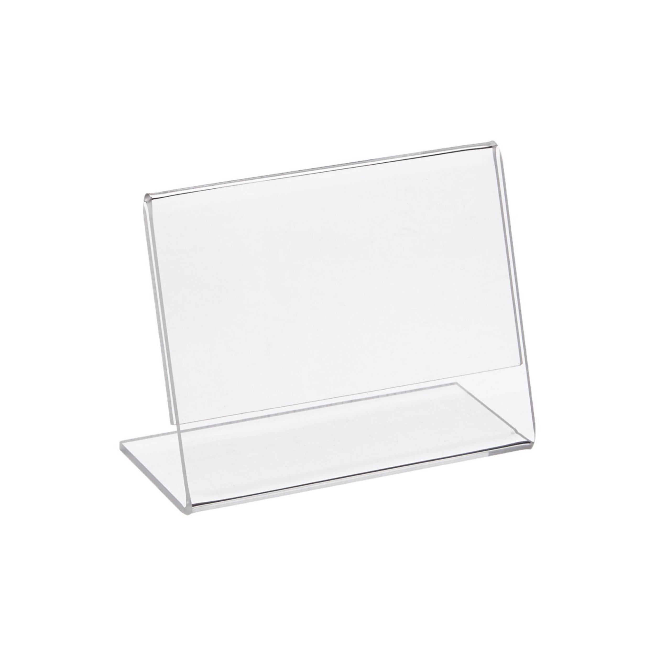A clear acrylic or glass display stand with a minimalist design, used for showcasing products or signs.