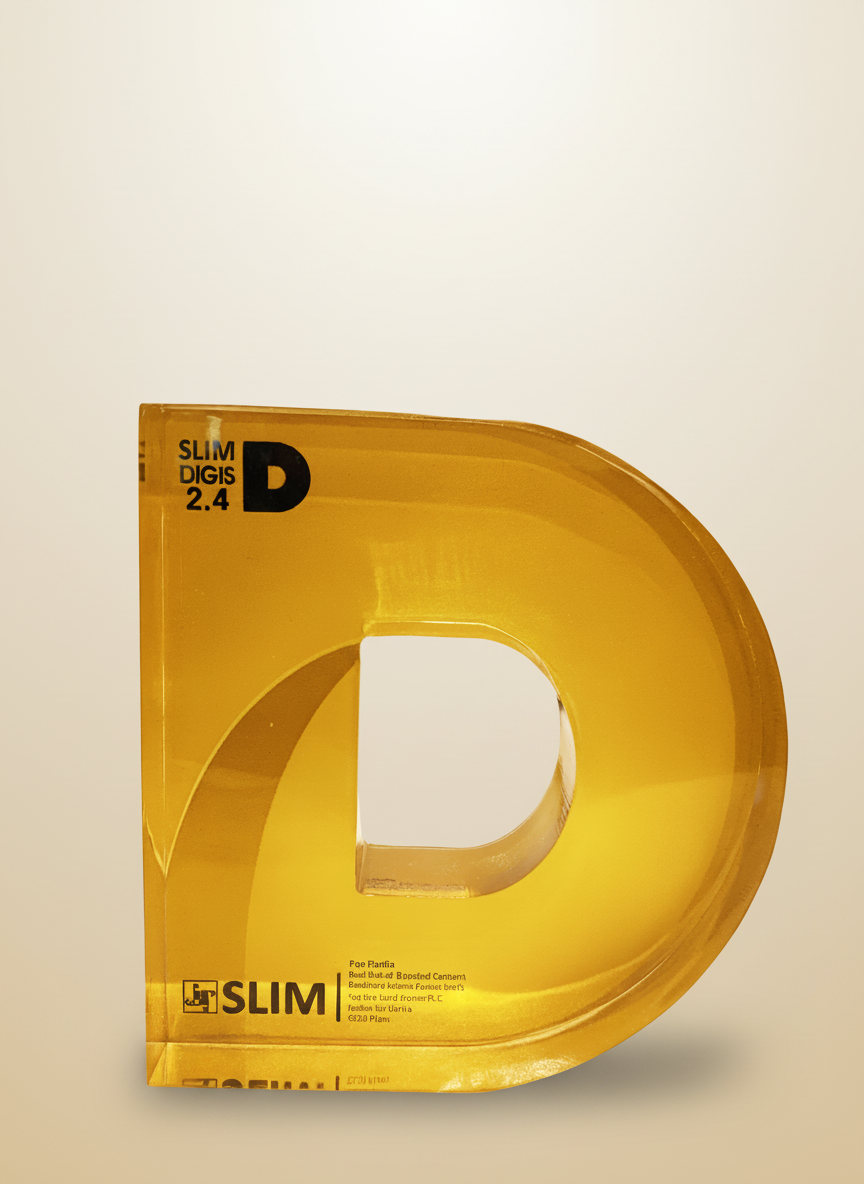 Close-up of a translucent yellow plastic ruler in the shape of the letter D, with black text markings and markings for measurements in centimeters.