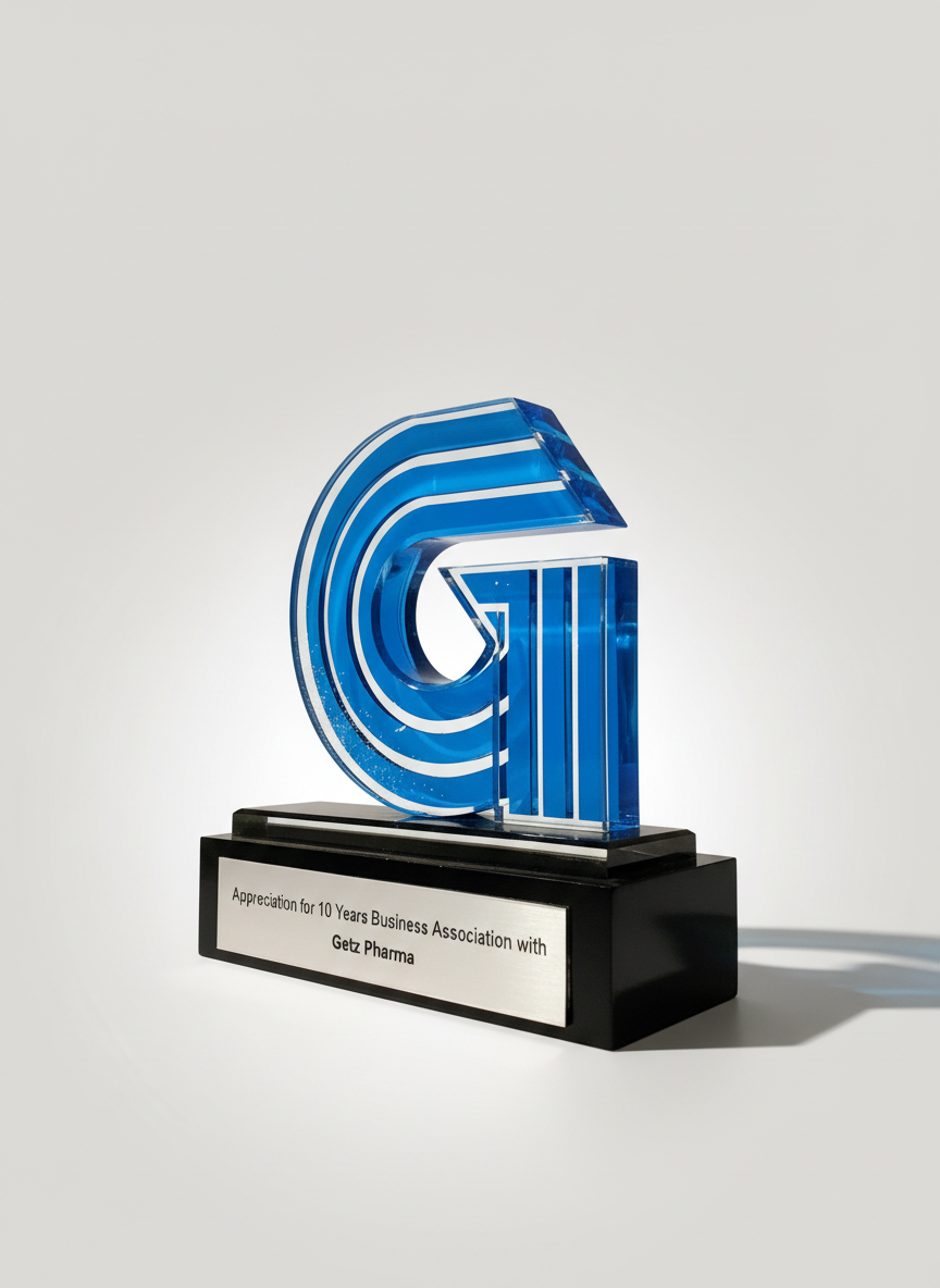 Blue glass trophy in the shape of the number 10 with a black base, inscribed with 'Appreciation for 10 Years Business Association with Getz Pharma'.