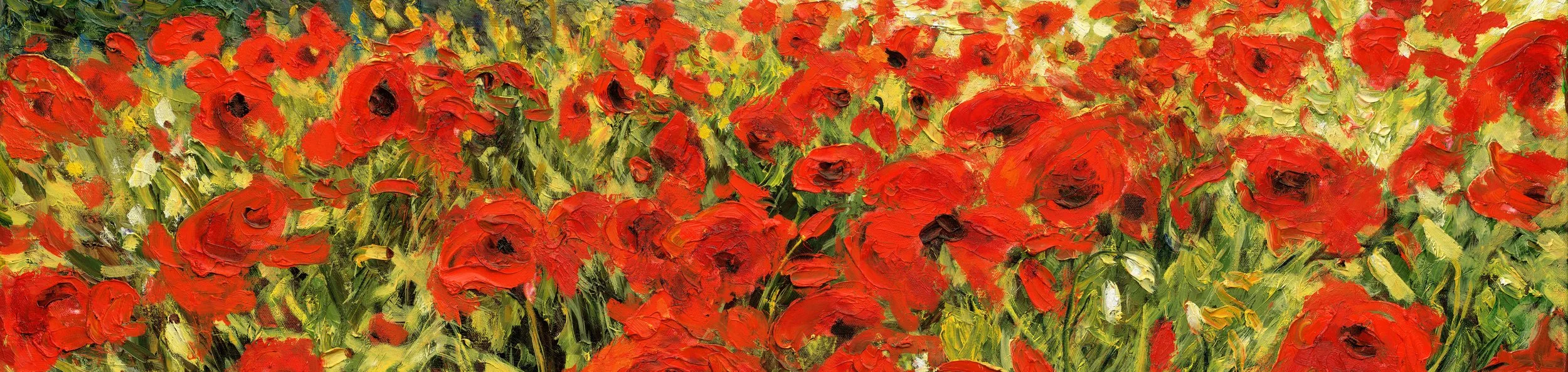 An oil painting of a field of red poppies with thick textured brushstrokes.