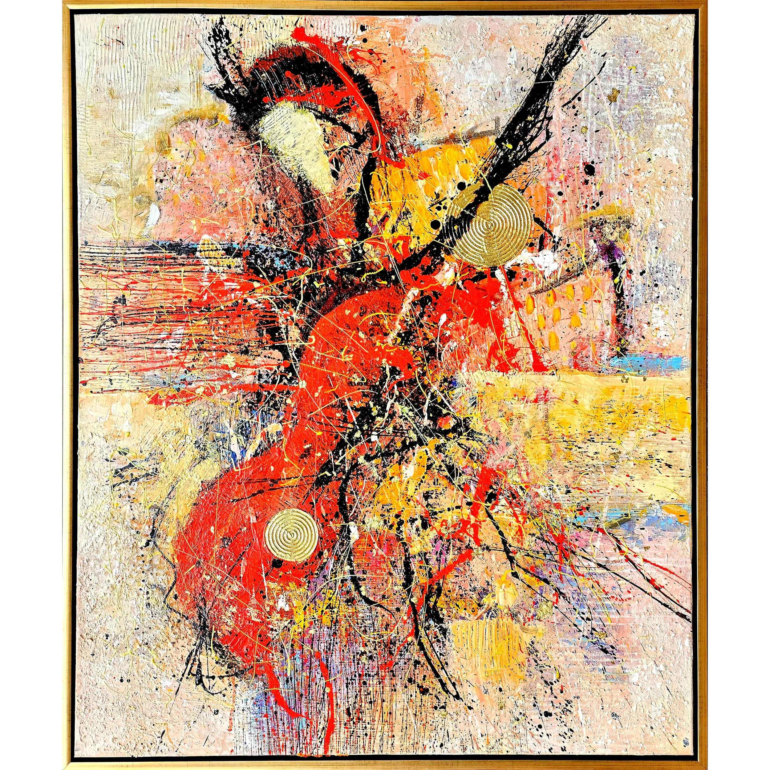 Abstract expressionist painting with splashes and streaks of red, black, yellow, and pink paint, including circular golden patterns and textured layers, in a wooden frame.