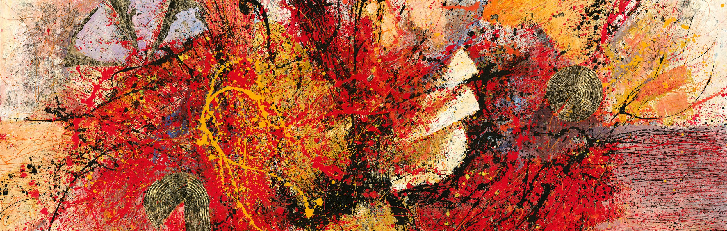 Abstract expressionist painting with splashes of red, yellow, black, purple, and orange paint, featuring circular patterns and textured layers.