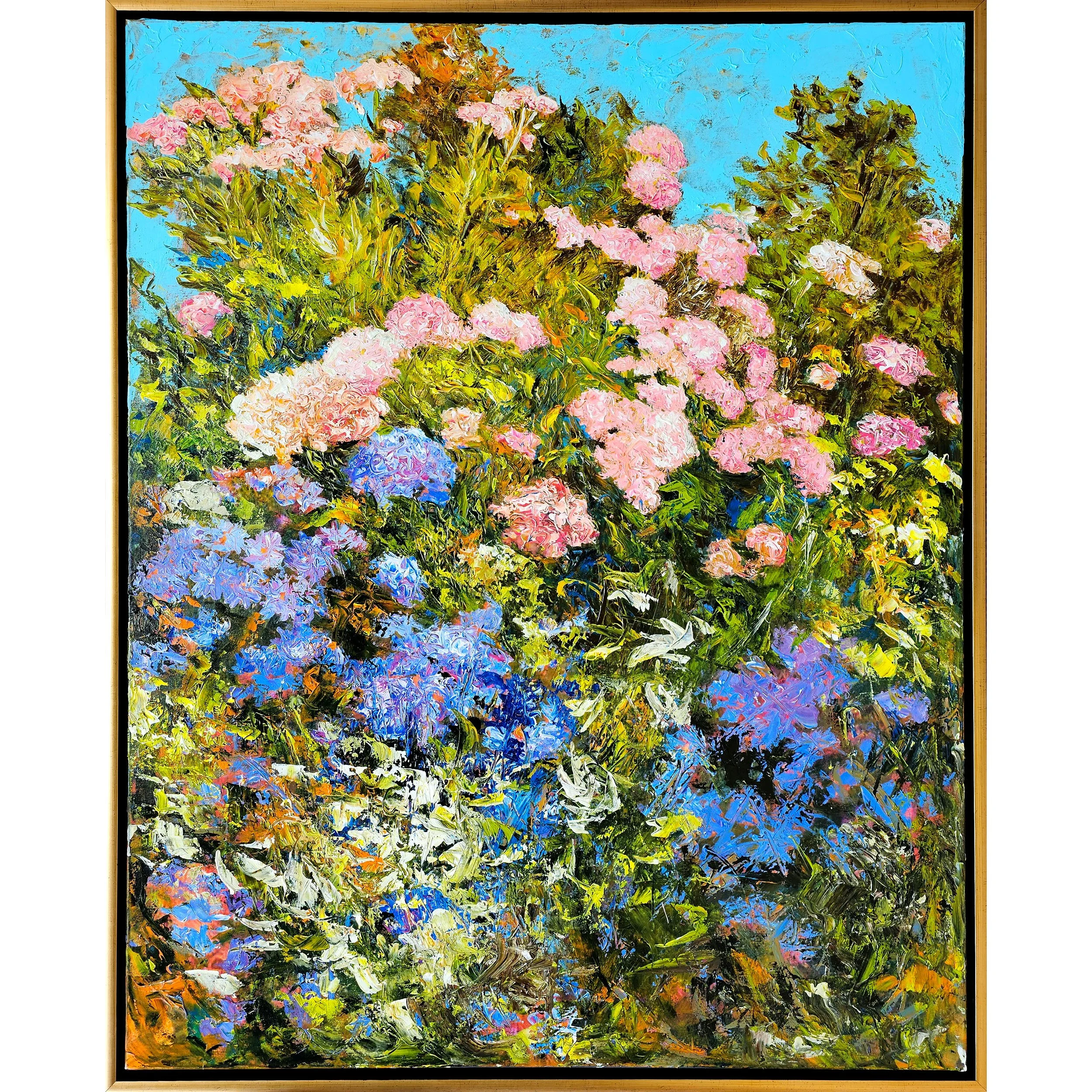 Oil painting of a garden with pink and blue hydrangeas, green foliage, and a blue sky background.