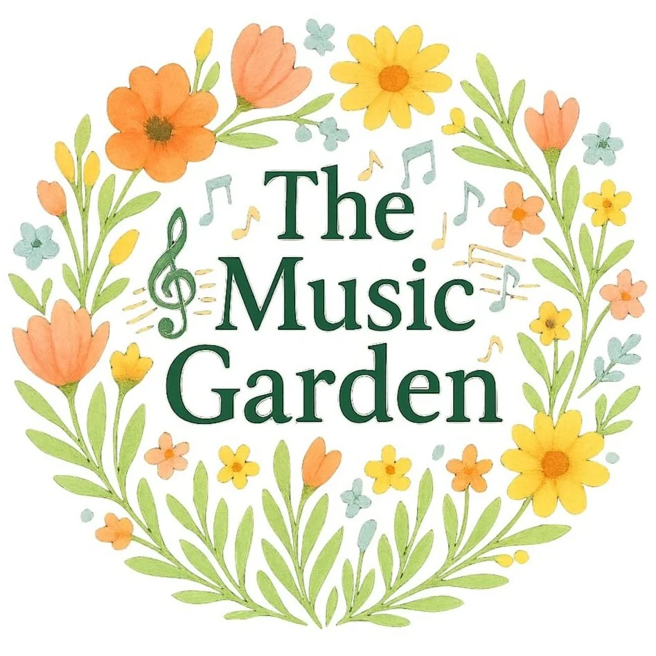 Floral wreath with "The Music Garden" text and music notes.