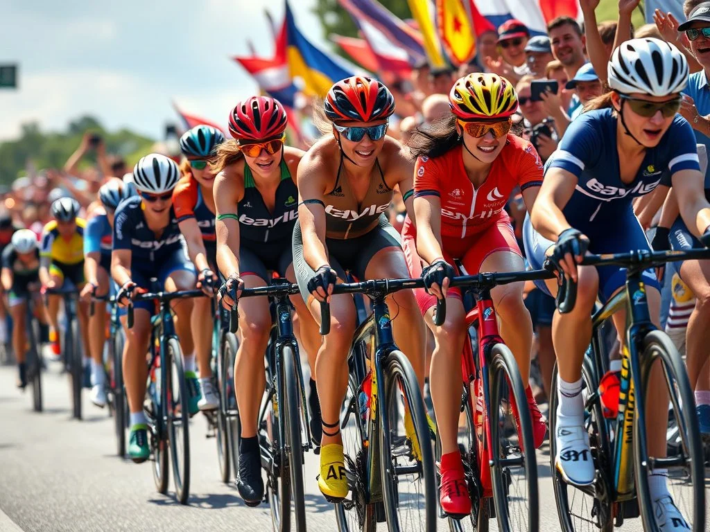Women cyclists racing in a group during a cycling event with spectators in the background.