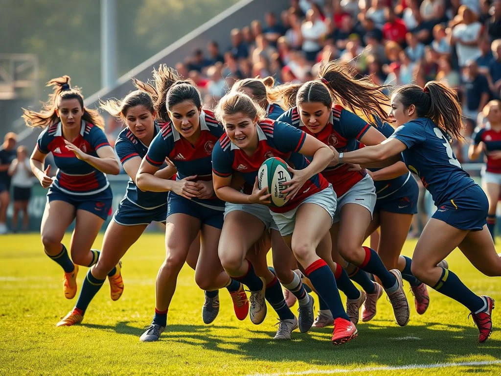 Women playing rugby on a field, with one woman holding the ball and others attempting to tackle her, in front of a crowd of spectators.