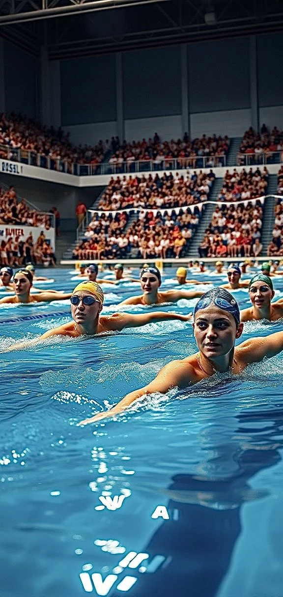 Swimmers in a pool competing in a synchronized swimming event, with an audience seated in the stands watching.