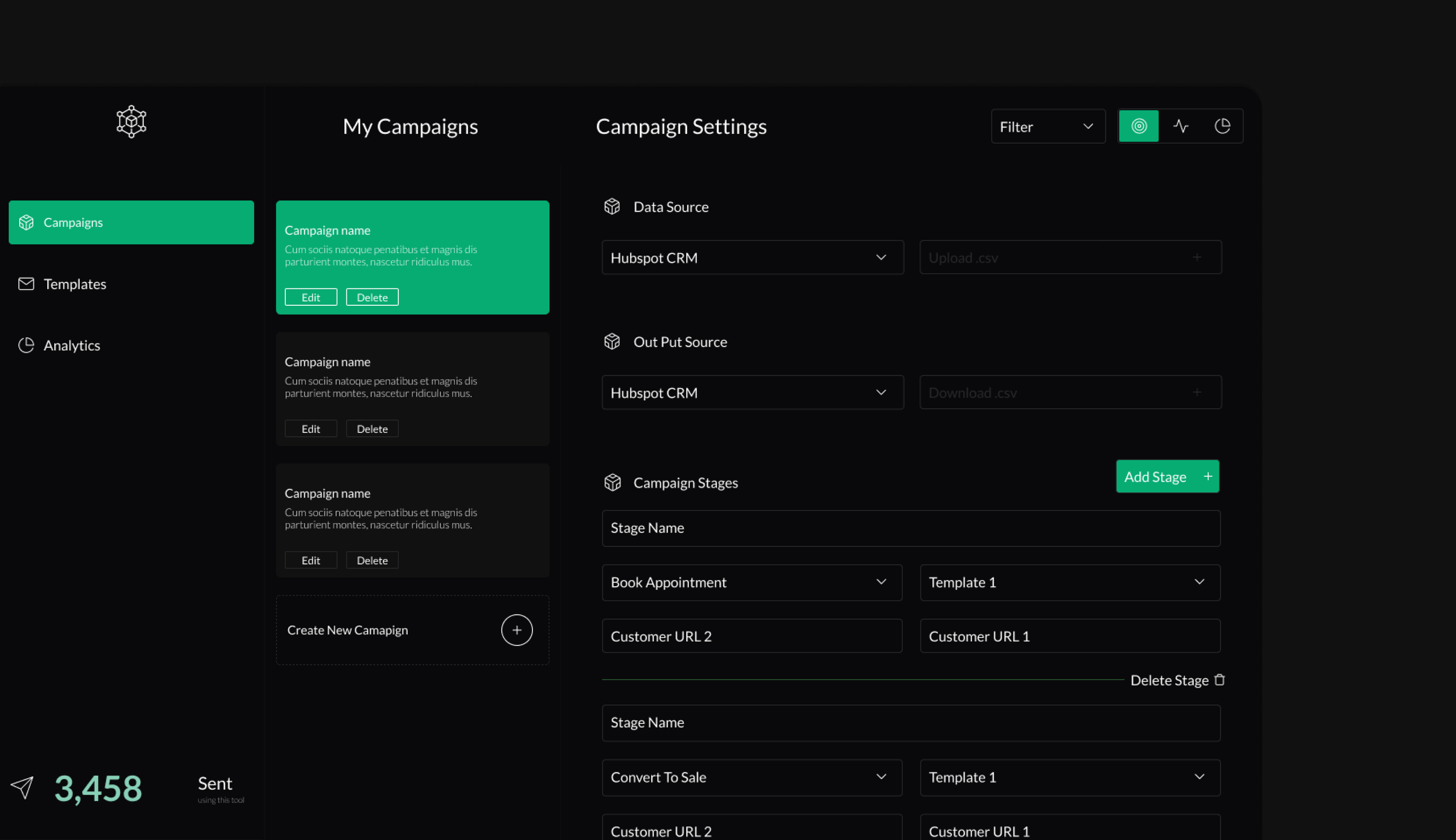 Screenshot of a campaign management dashboard with menu options on the left for Campaigns, Templates, Analytics, showing a list of campaigns, and detailed campaign settings on the right with options to edit, delete, add stages, and configure data sources.