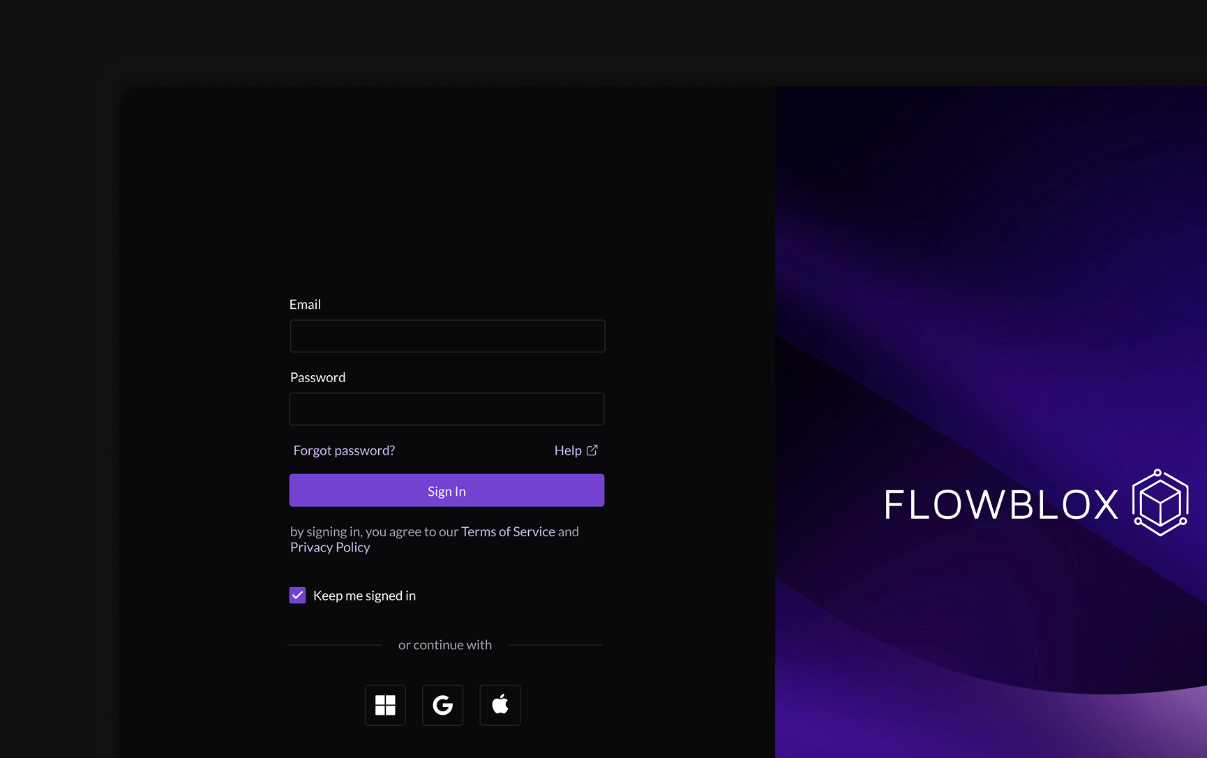 Flowblox login page with email and password fields, sign-in button, and options to continue with Google, Apple, or Microsoft accounts.