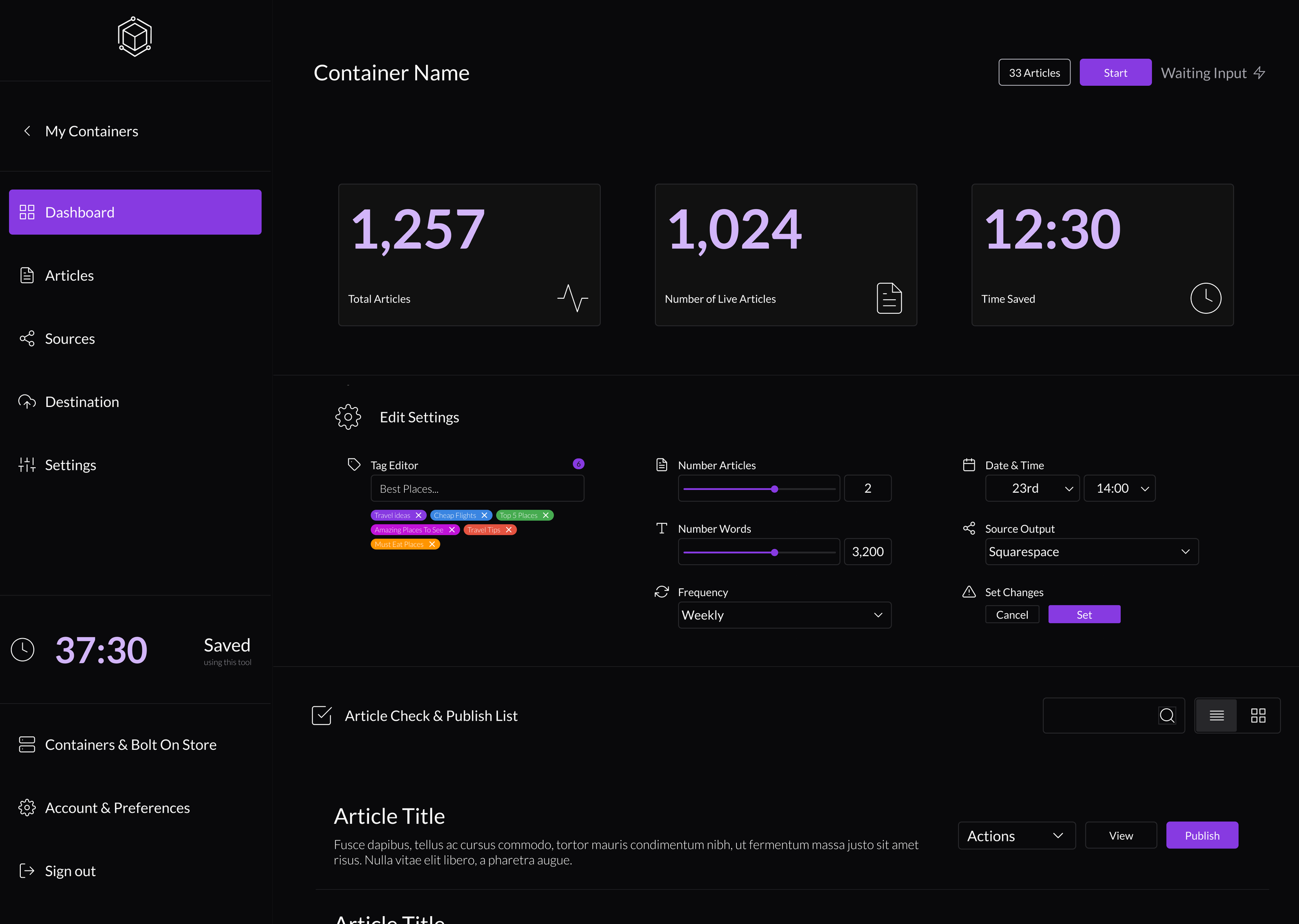 Dark-themed dashboard interface displaying statistics such as total articles, live articles, and time saved, with menu options on the sidebar and settings for article management.