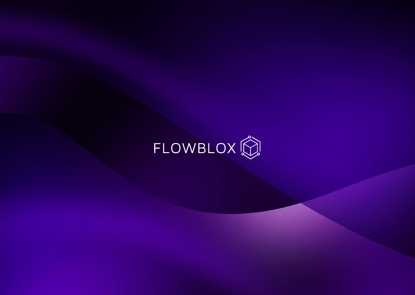Digital abstract background with flowing dark purple and black curves, with the text 'FLOWBLOX' and a geometric cube icon in white.