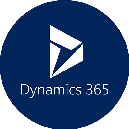 Microsoft Dynamics 365 logo with a stylized white geometric design and the text 'Dynamics 365' on a dark blue circular background.