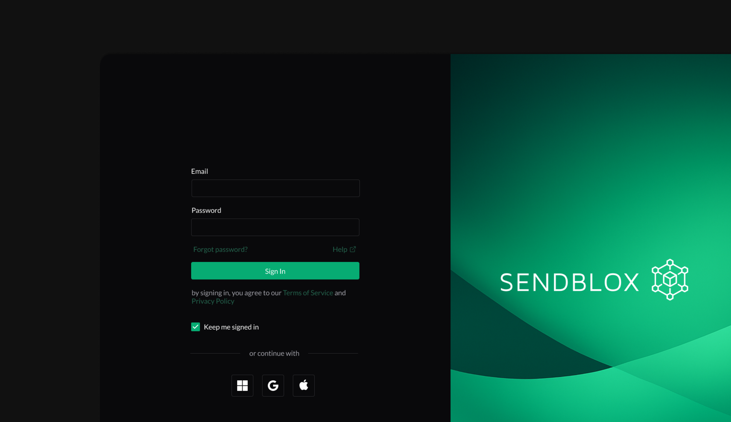 Login screen with fields for email and password, SendBlox logo, and options to sign in or continue with Microsoft, Google, or Apple.