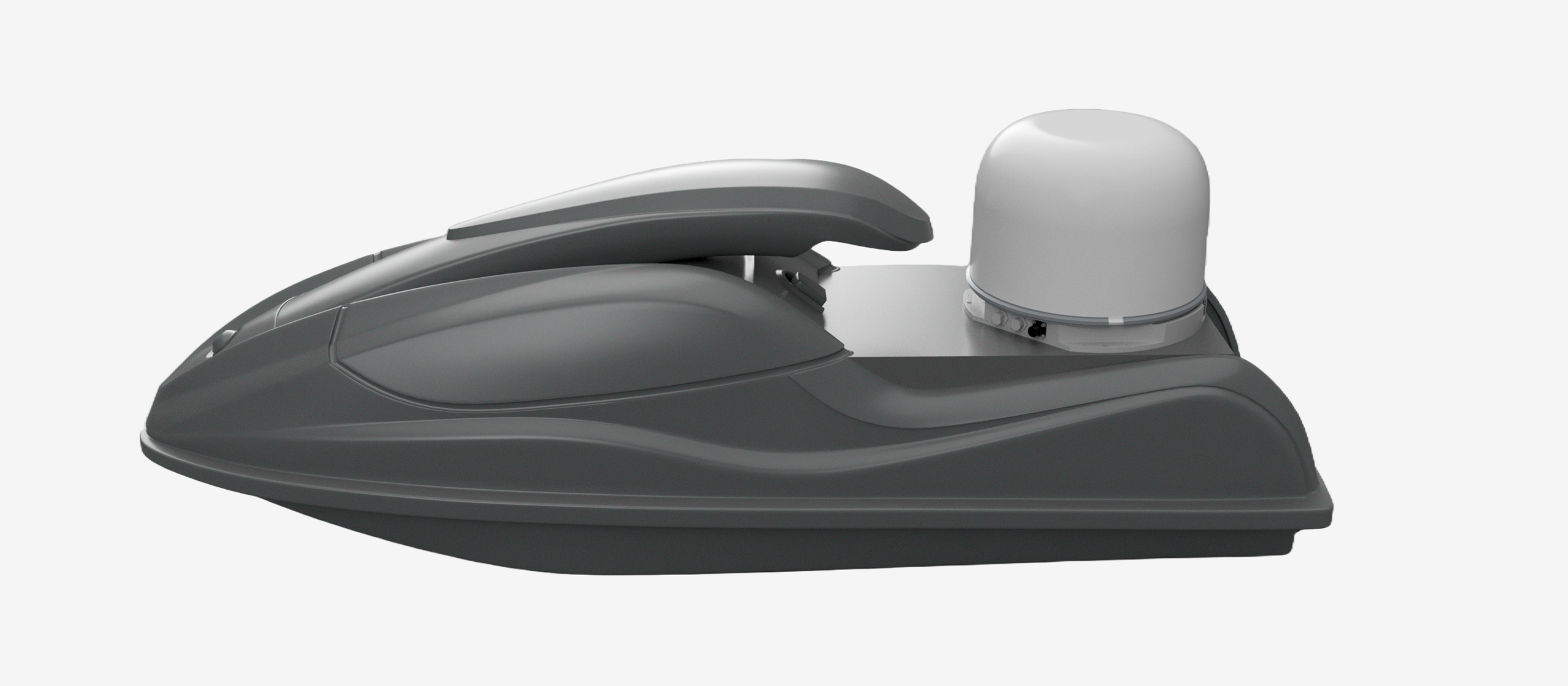Autonomous boat with sleek gray design and a white dome on top, isolated on black background.