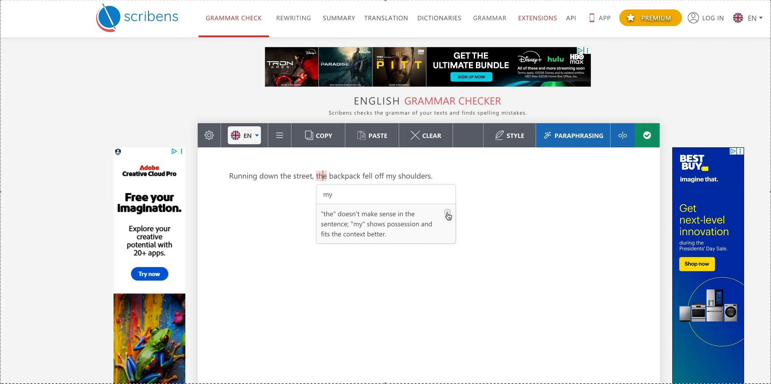 A screenshot of Scribens.com showing the sentence, "Running down the street, the backpack fell off my shoulders."