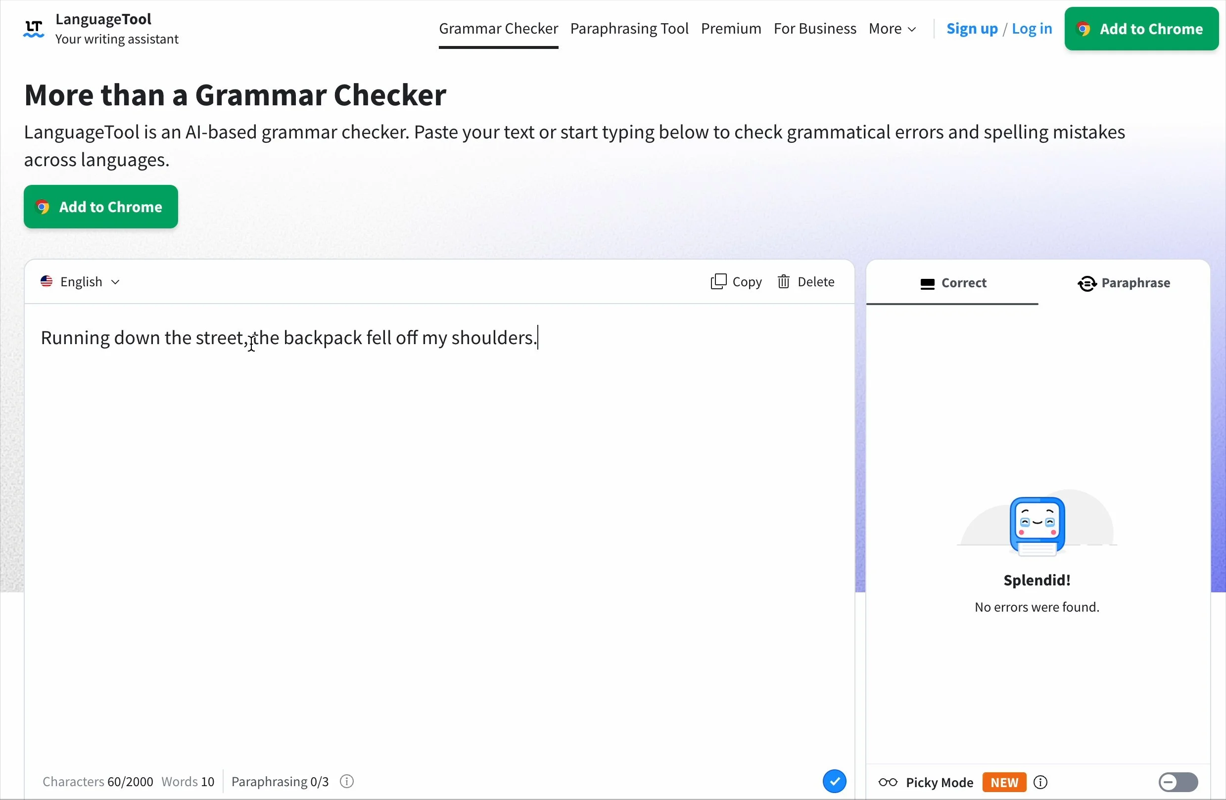 A screenshot of the website LanguageTool.com showing the sentence, "Running down the street, the backpack fell off my shoulders" with no errors detected.