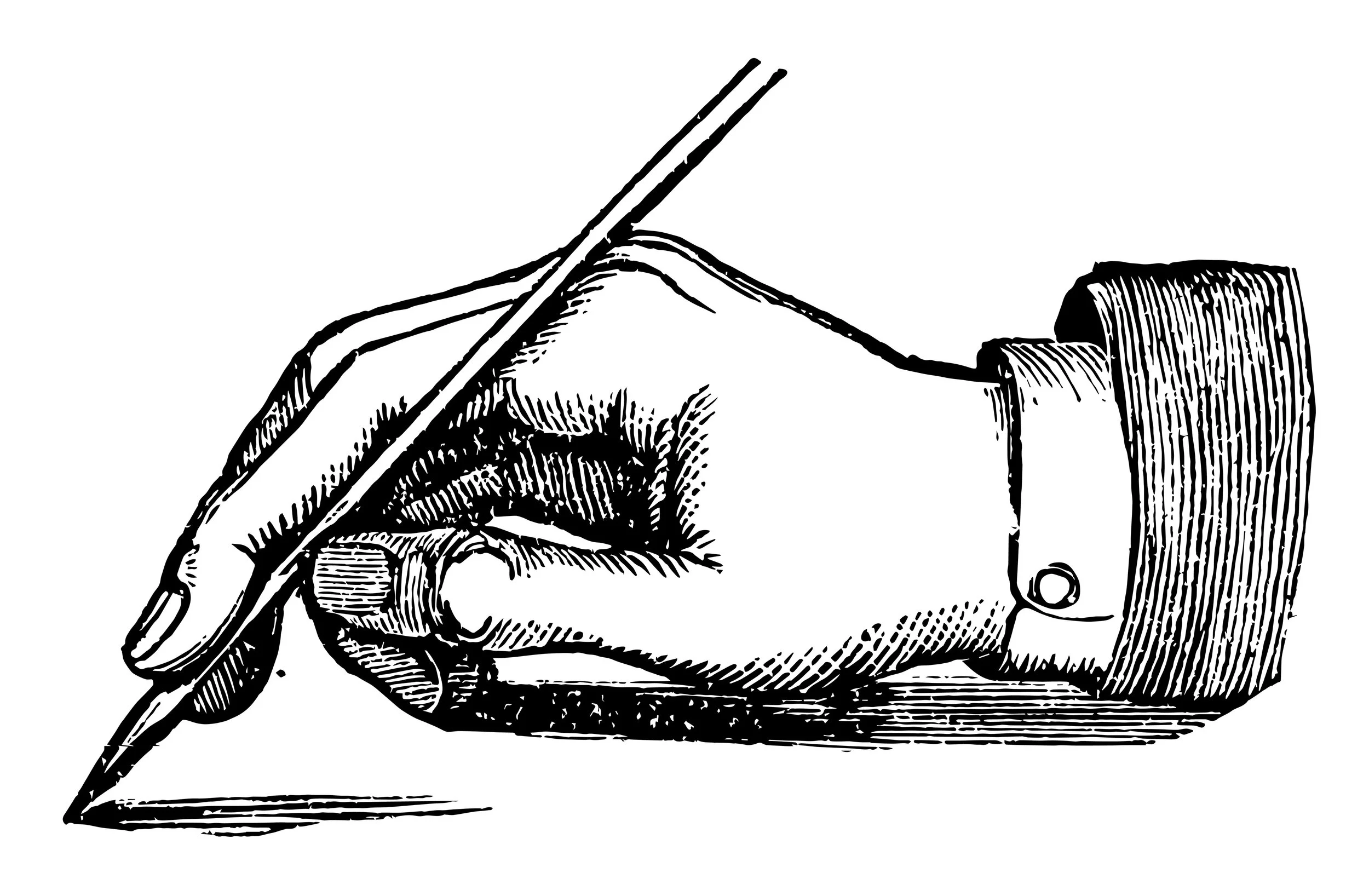 A black-and-white graphic depicting hand holding an old-fashioned ink nib in an etched style.