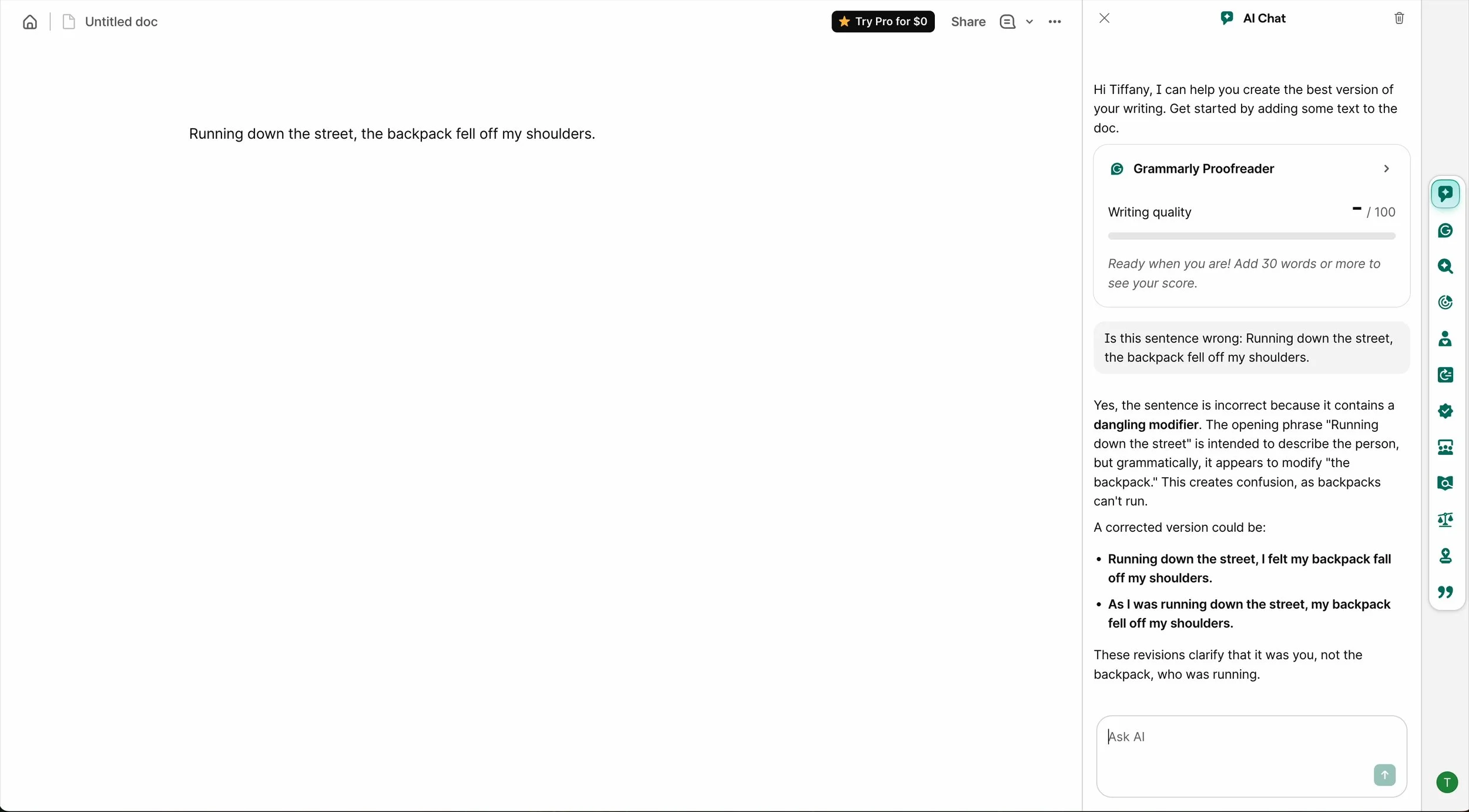 A screengrab from the website Grammarly.com showing the sentence, "Running down the street, the backpack fell off my shoulders," and that the website's AI bot detected the error.
