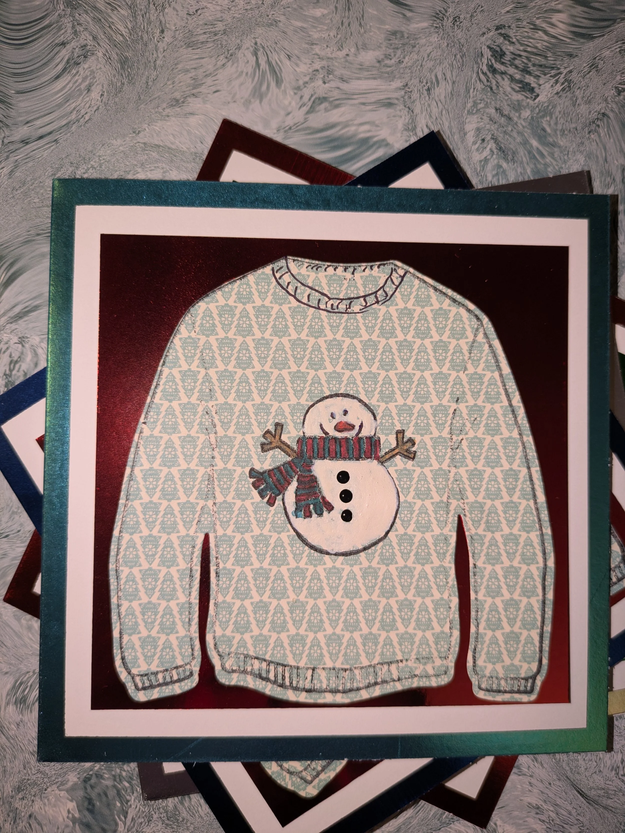 Snowman with scarf green xmas tree jumper .jpg