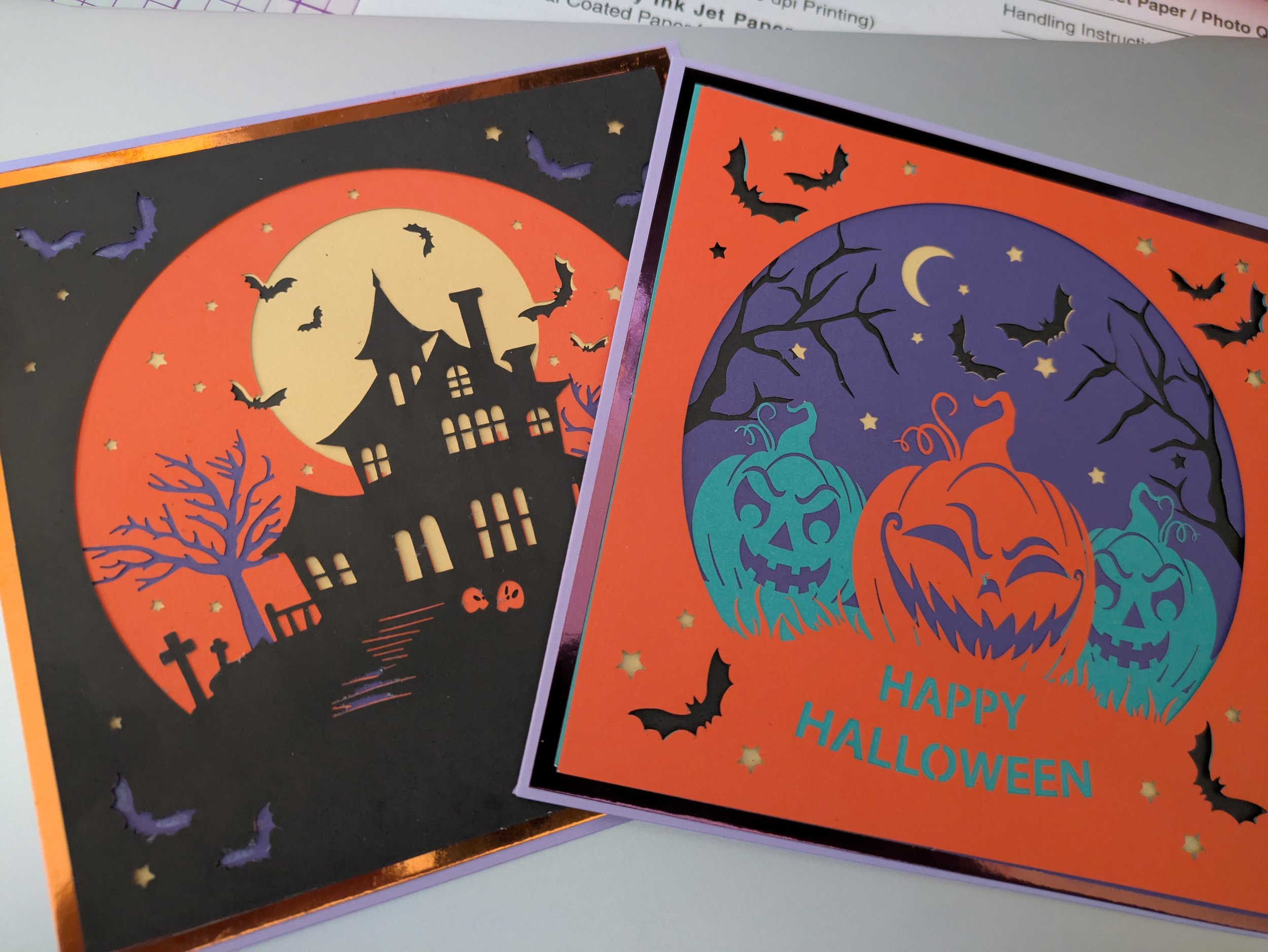 Halloween greeting cards, spooky handmade. Pumpkin, house, bats, graveyard
