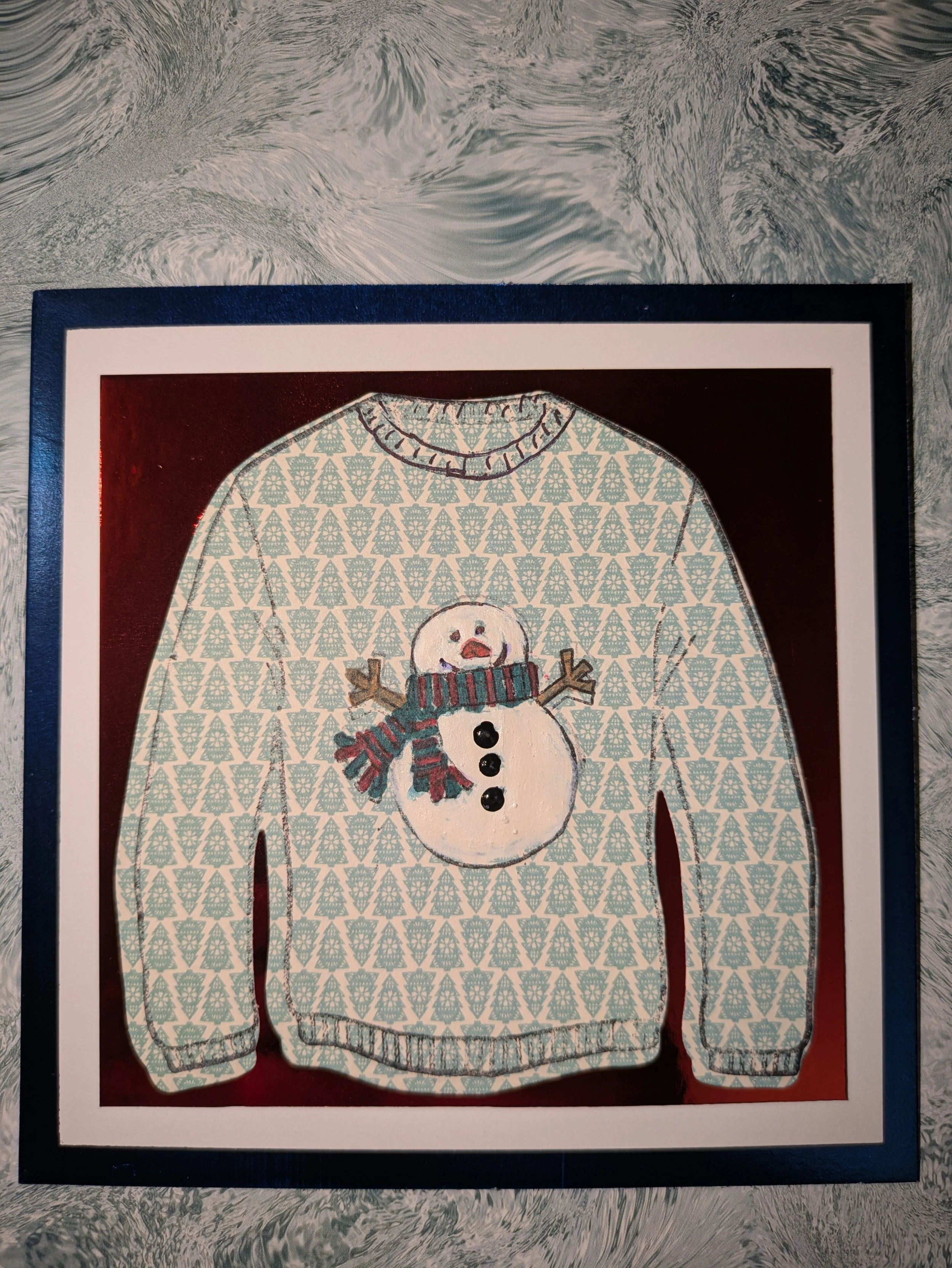 Snowman green xmas tree jumper cosy.jpg