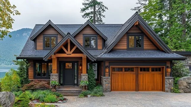 Luxury house with a wooden exterior, peaked roofs, stone accents, and a wooden garage door, surrounded by trees and greenery.