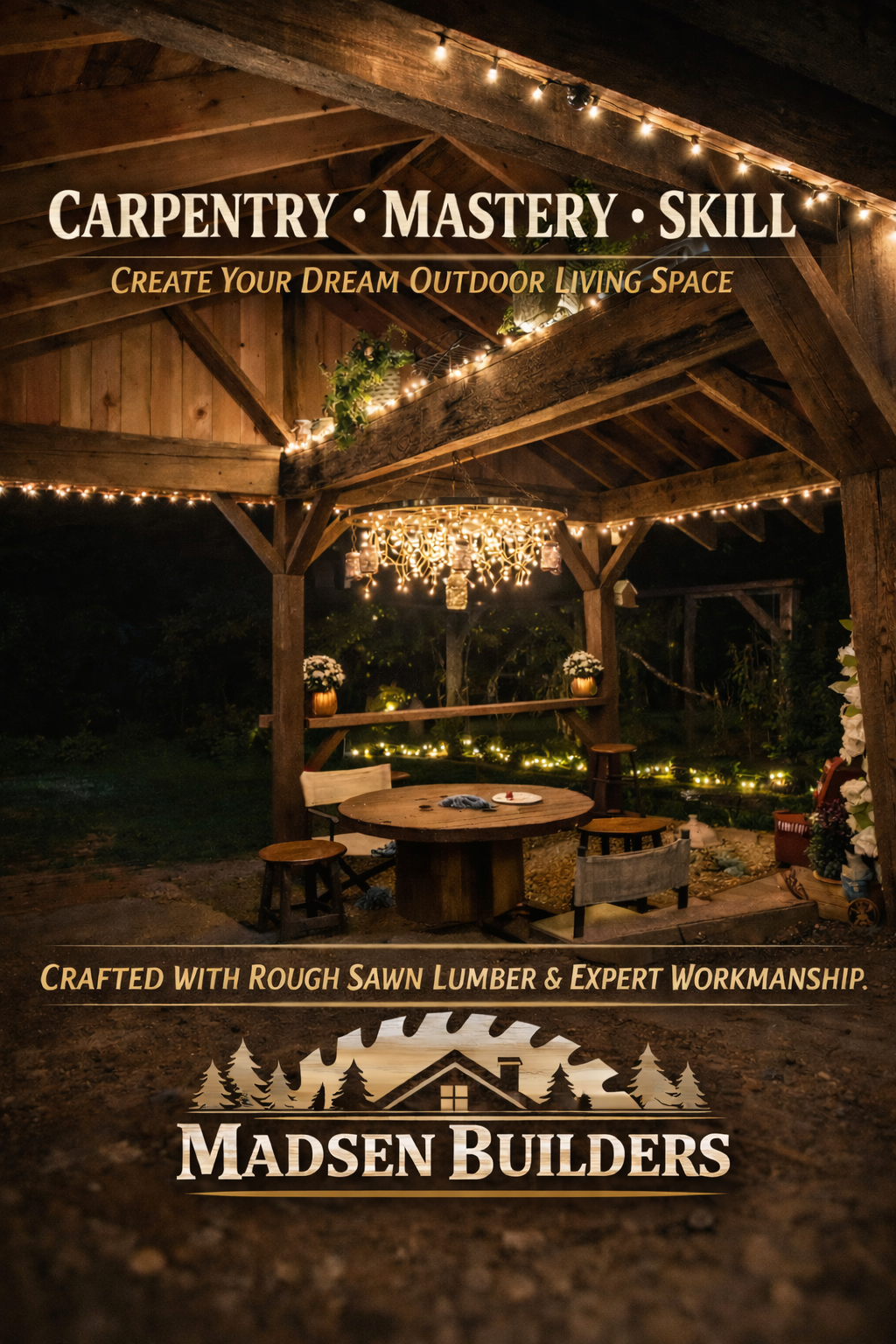 A rustic outdoor covered pavilion decorated with string lights and hanging lanterns, featuring a round wooden table with chairs and potted plants, surrounded by a garden at night.