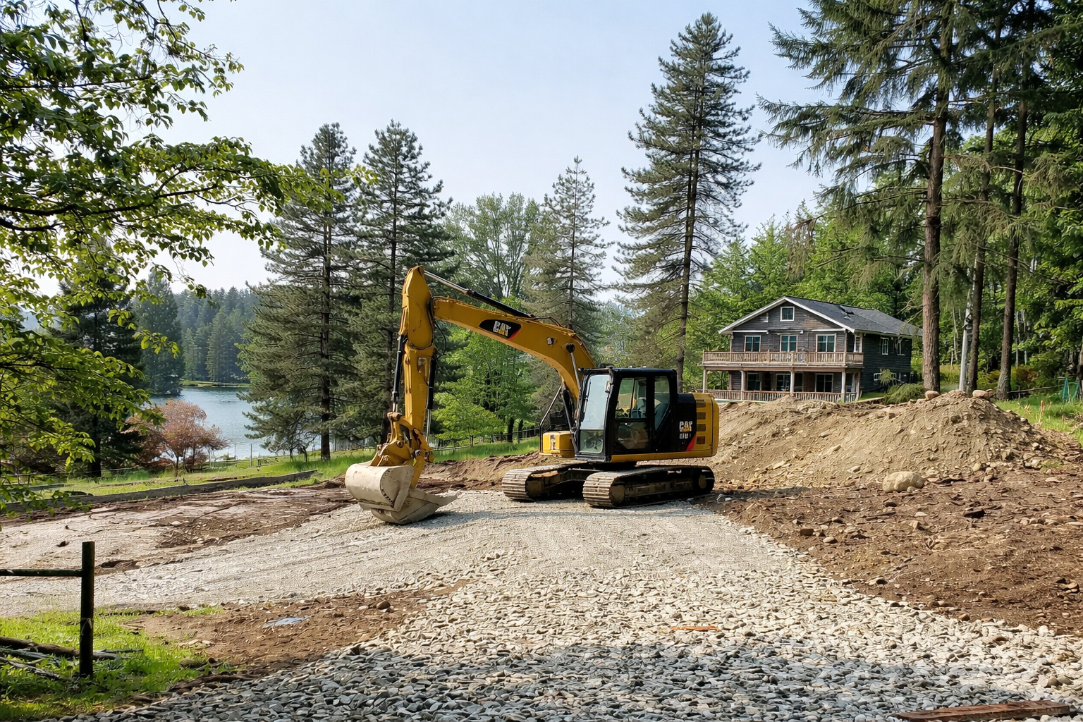 Construction site with a yellow excavator on a dirt and gravel surface near a lake, with trees and a house in the background.