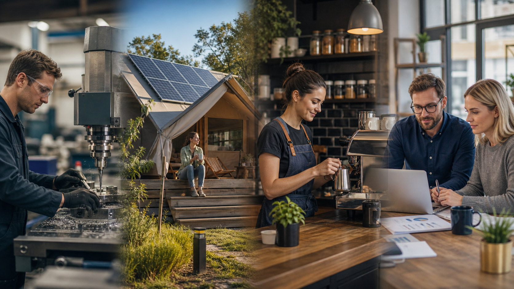 A split image showing a person working with machinery, a woman sitting outside with a coffee, and a team of people in a cafe using a laptop and discussing.