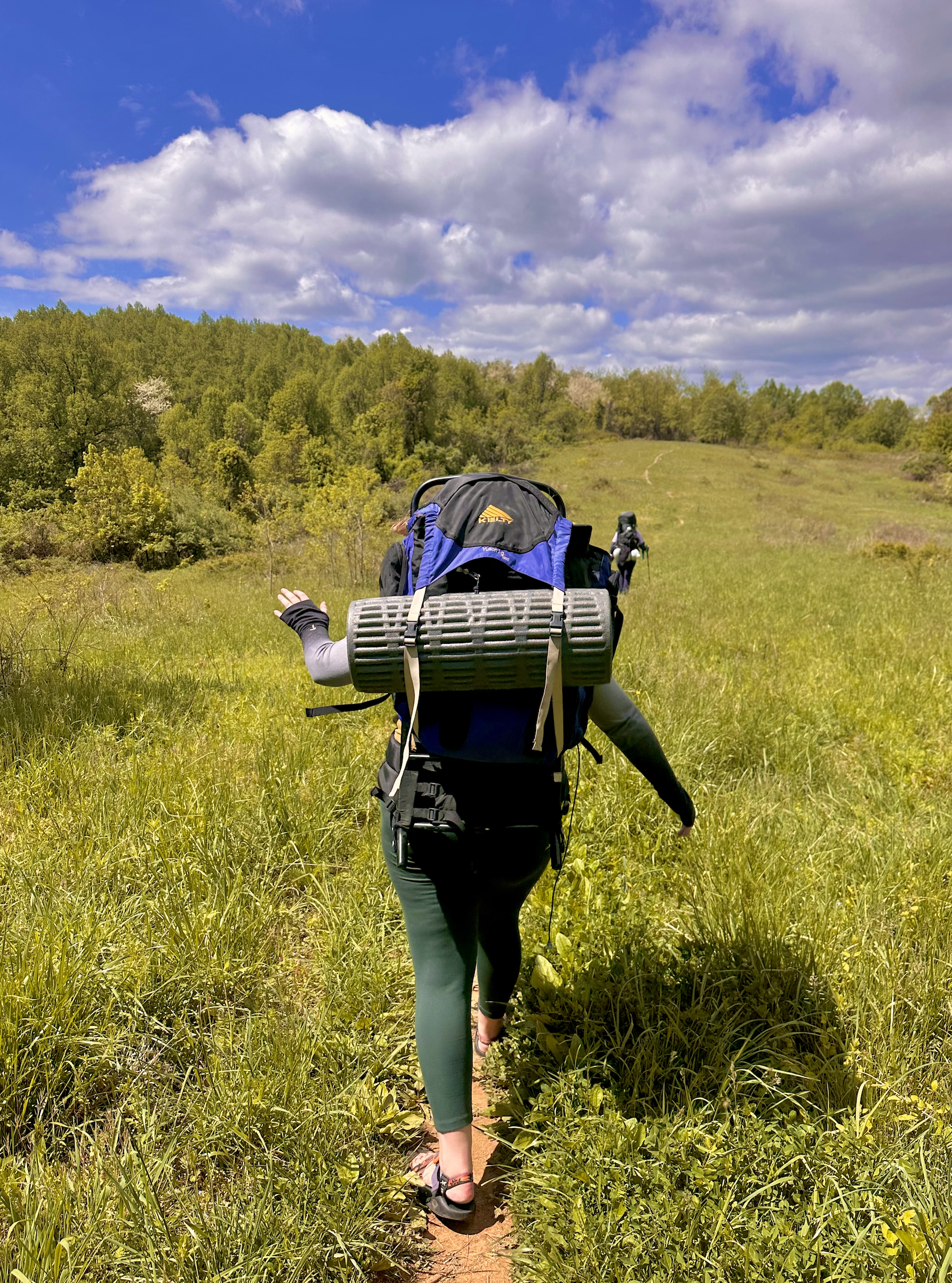 Person hiking on a trail through green grass and trees, carrying a backpack, with a blue sky and scattered clouds overhead.