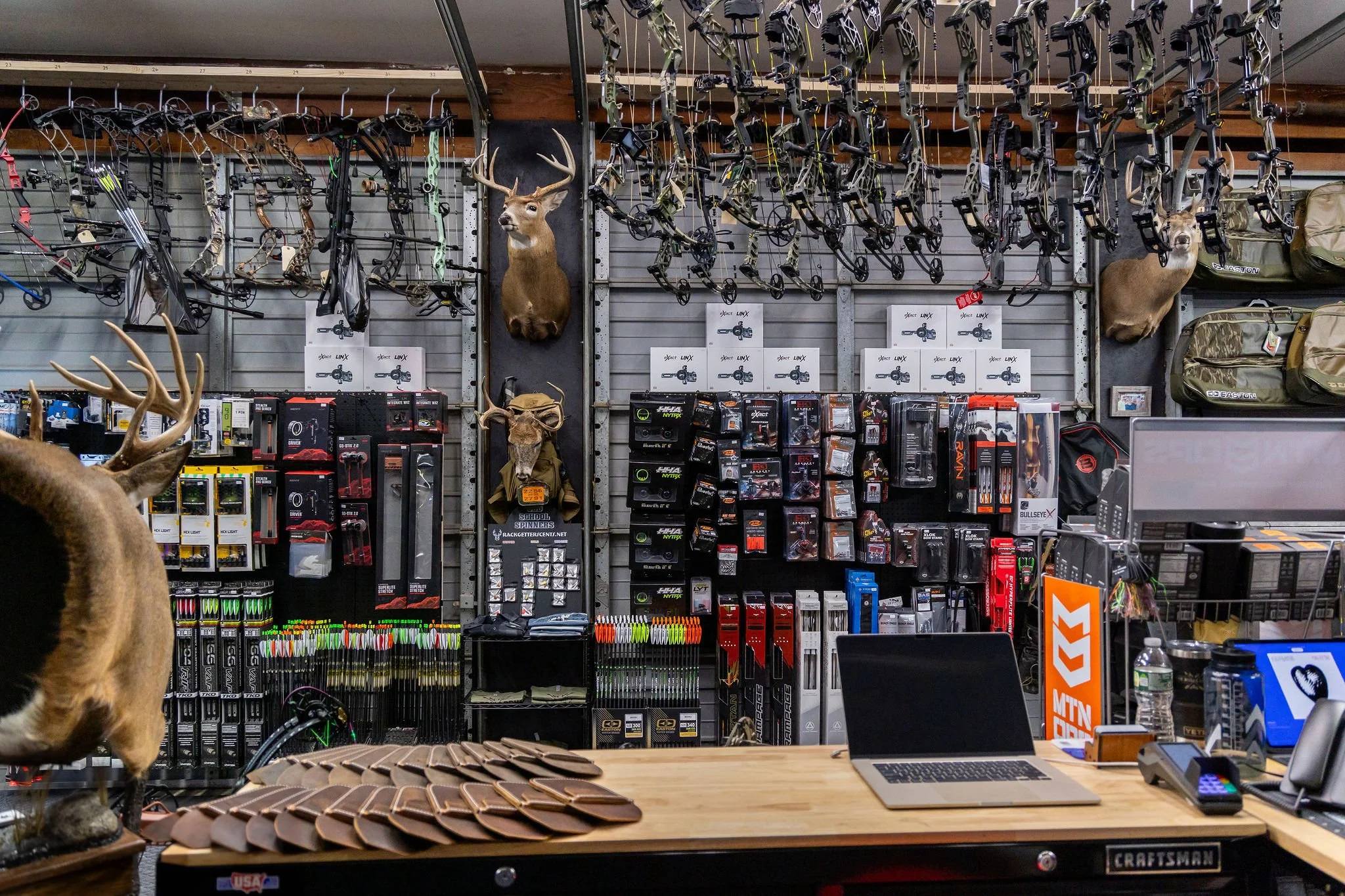 A store display with hunting gear including mounted deer heads, bows, and accessories on a wall behind a wooden counter with an open laptop, water bottle, and other items on it.
