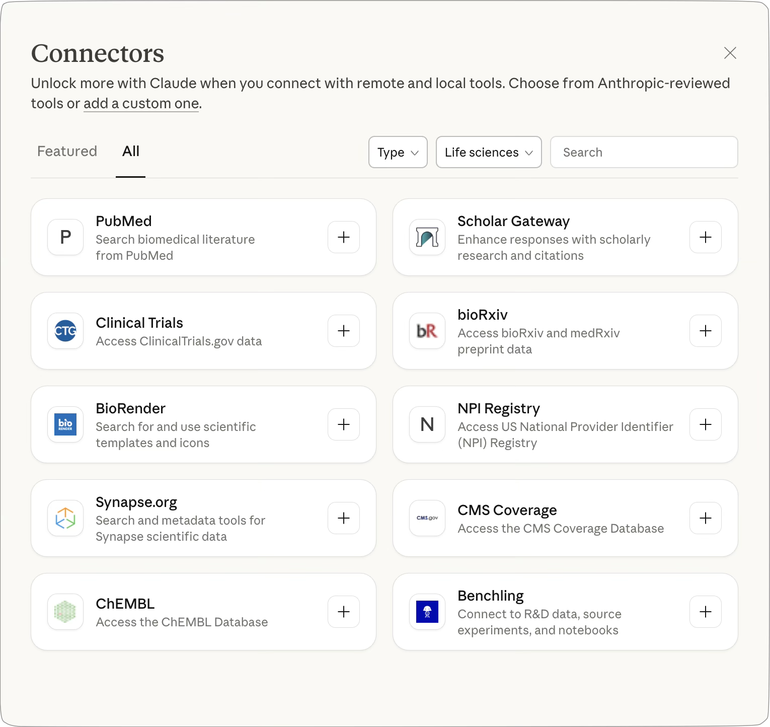 Claude life sciences connectors menu