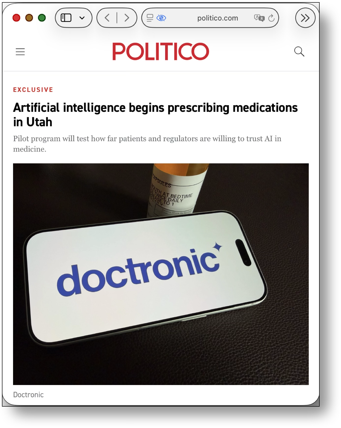 News article from Politico about Utah allowing AI medicine renewals