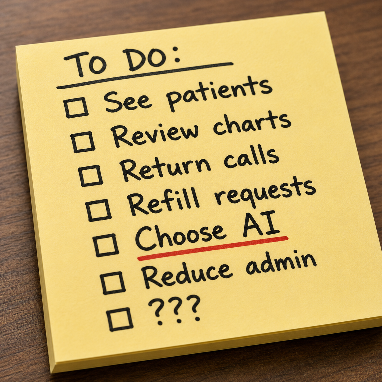 post-it note for a doctor showing items including "choose AI"
