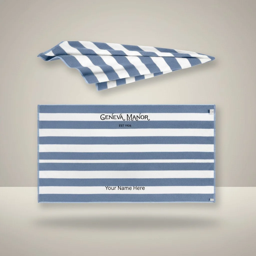 Geneva Manor Specific -- Classic White/Blue Cabana Stripe Beach Towel