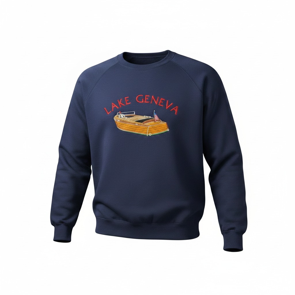 Wood Boat Custom Embroidery with Your Lake/Town of Choice -- Premium Crew Sweatshirt