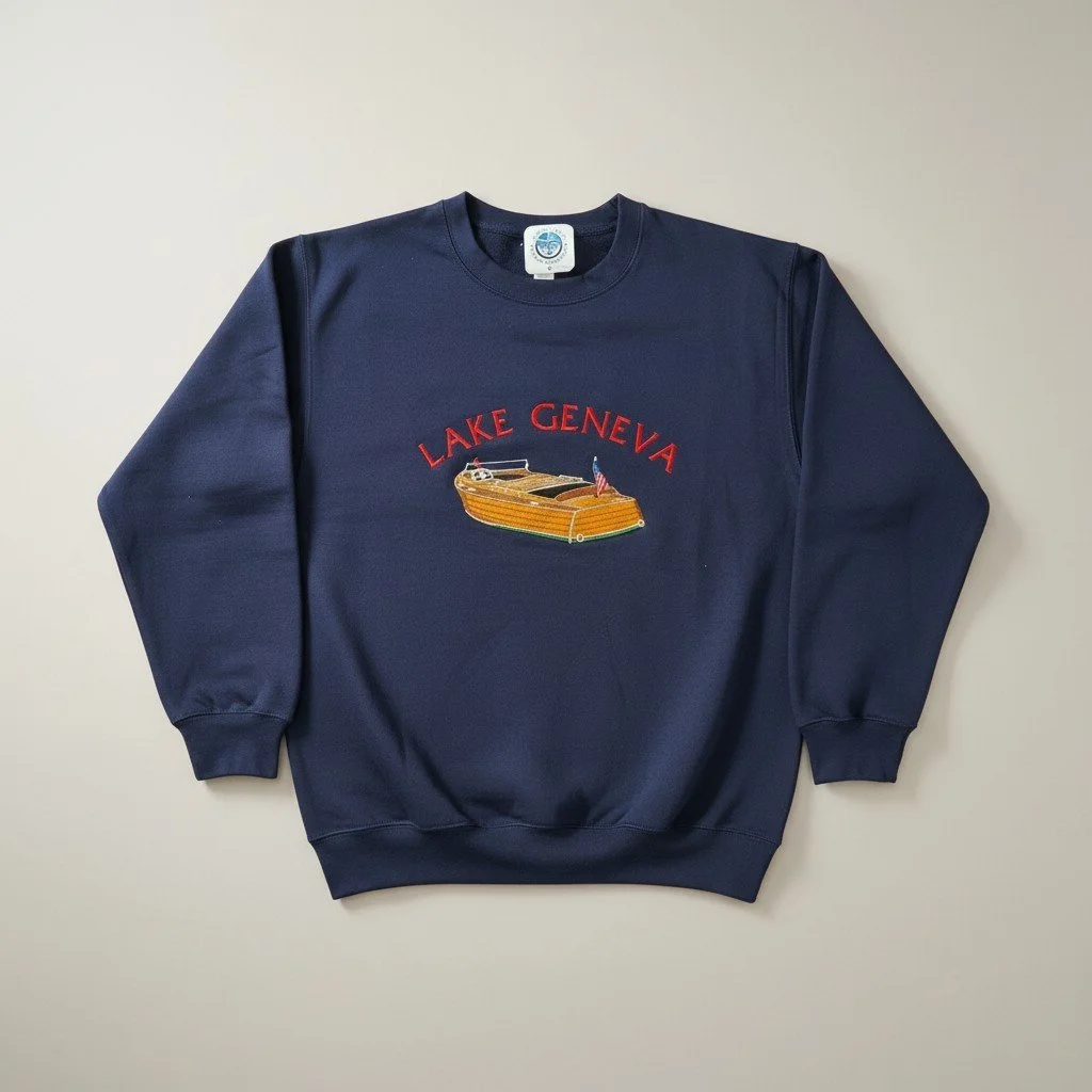 Premium Crew or Hoodie Detailed Vintage Wooden Boat - Customized to Your Favorite Lake or Town!