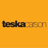 Logo with text 'teska carson' in black on an orange background.