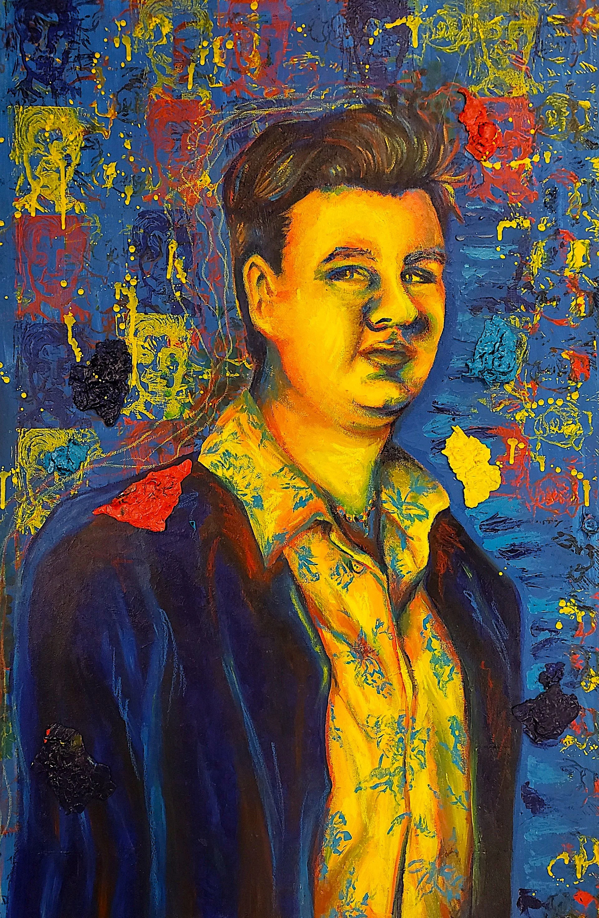 Sebastian Plumb /
Primary Self Portrait /
2025 /
Mixed Media on Canvas /
24" x 36"