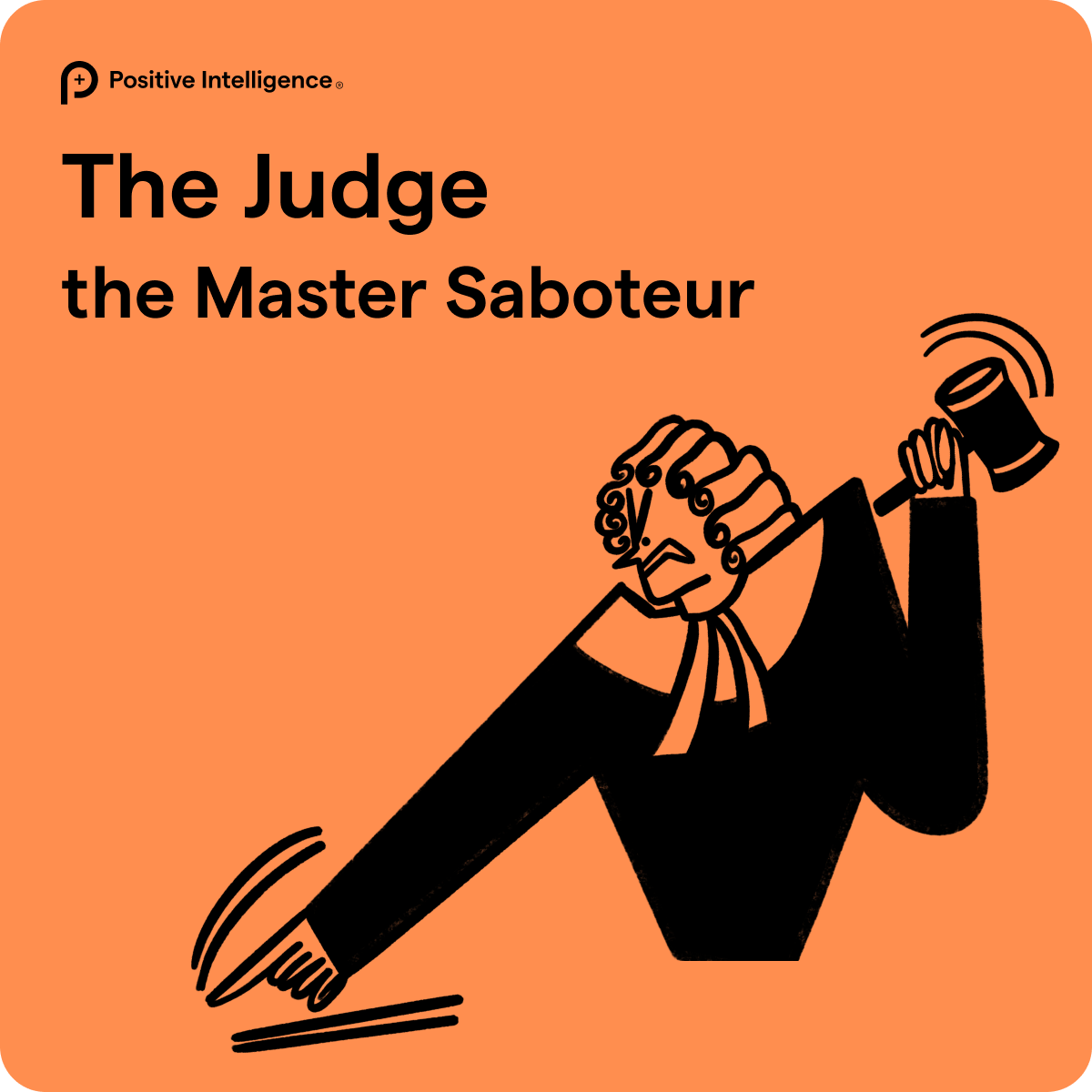 An illustration of a judge with curly hair wearing a black robe, holding a wooden gavel raised in one hand, with a stern expression, set against an orange background with black text reading, "The Judge the Master Saboteur".