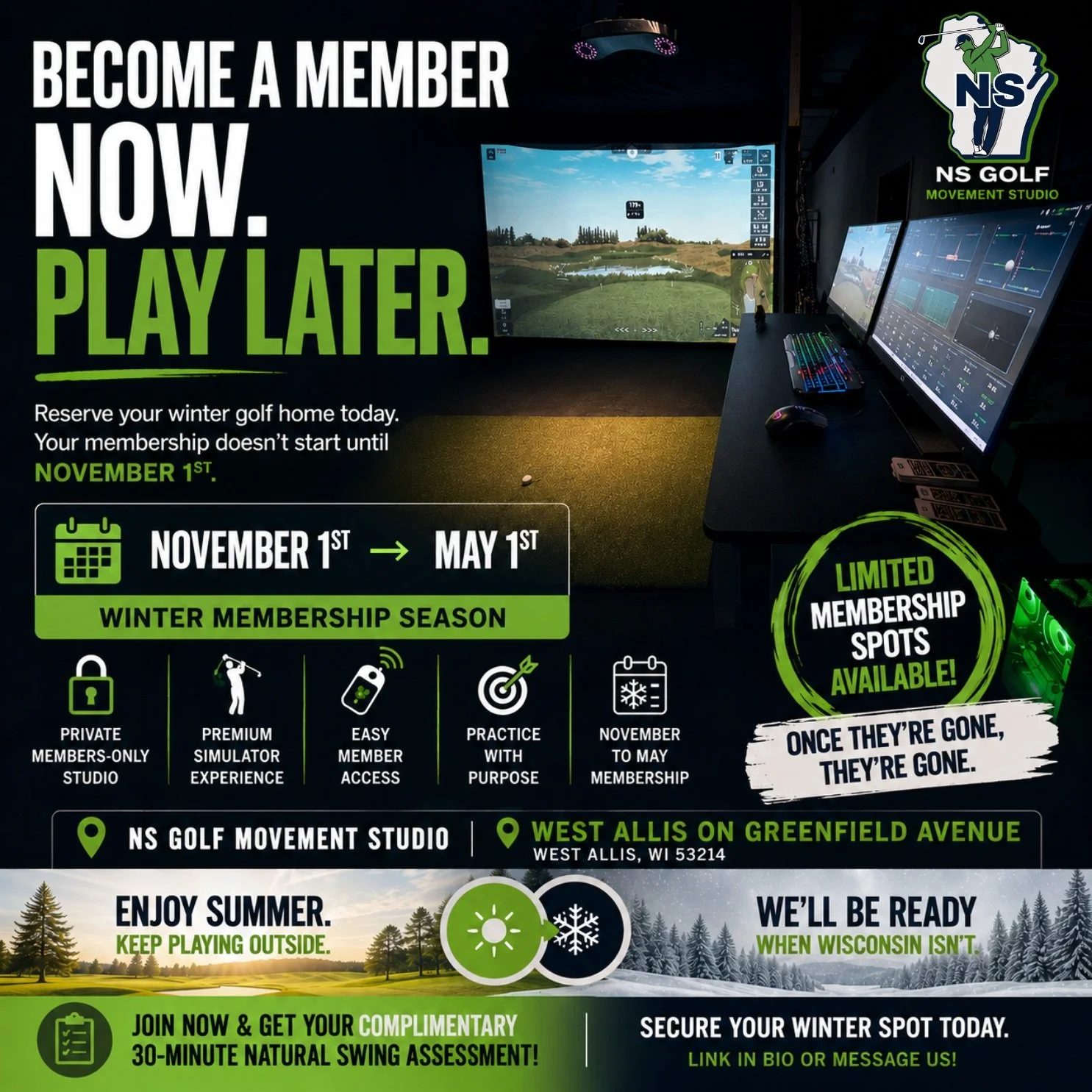 Wisconsin golfers&hellip; enjoy summer. ☀️⛳
We&rsquo;ll take care of winter. ❄️

Our Winter Memberships are officially opening for the November 1st &rarr; May 1st season.

And there&rsquo;s no reason to stop playing outside right now.

BECOME A MEMBE