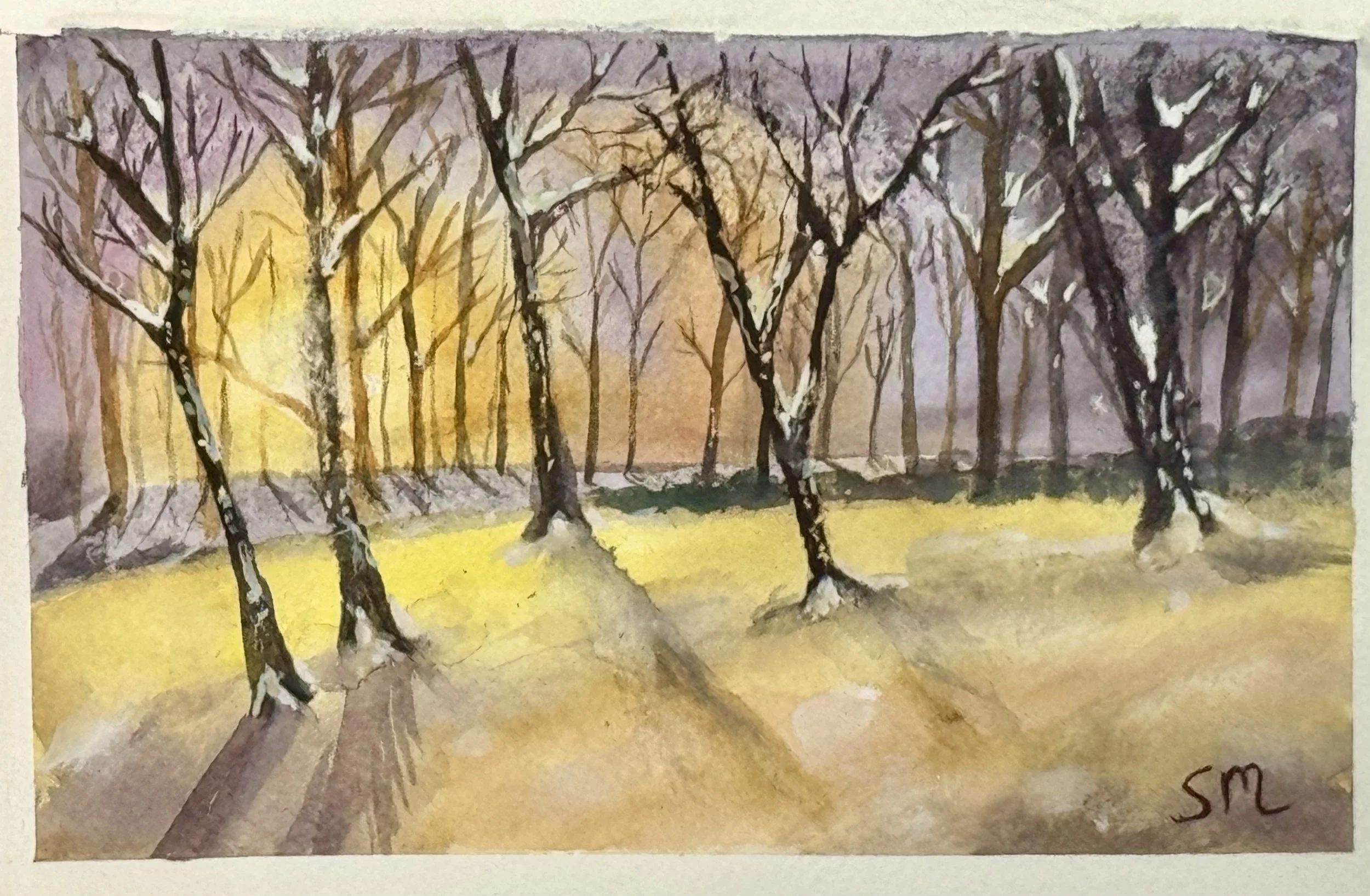 Watercolor painting of a wooded scene with leafless trees, the sun shining through the branches, casting long shadows on the yellowish ground. Signed "SM" in the bottom right corner.