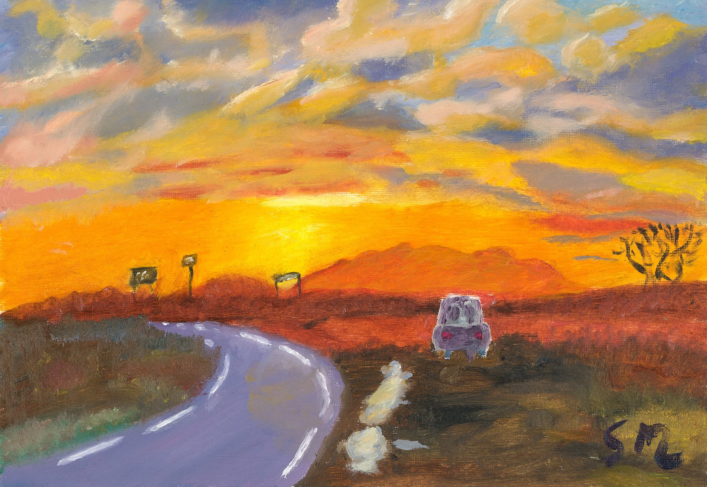 dramatic sunset with bright middle and view looking from the road and sides of Eaglesham moor to the mountains of Arran .  There is a car in the image.