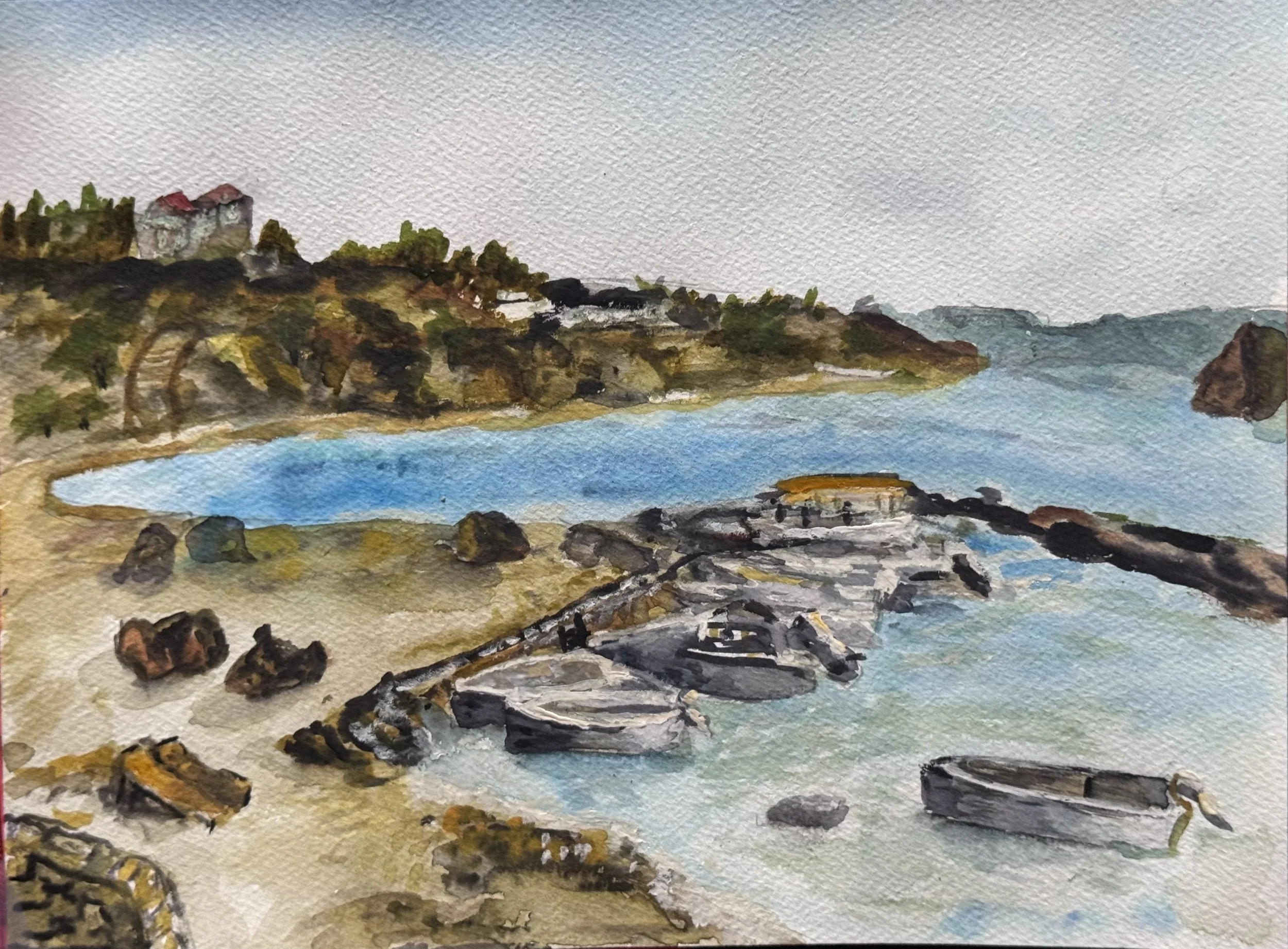 Kiotari Landing – Original Watercolour of Rhodes Fishing Harbour | Coastal Art by Susan McMillan