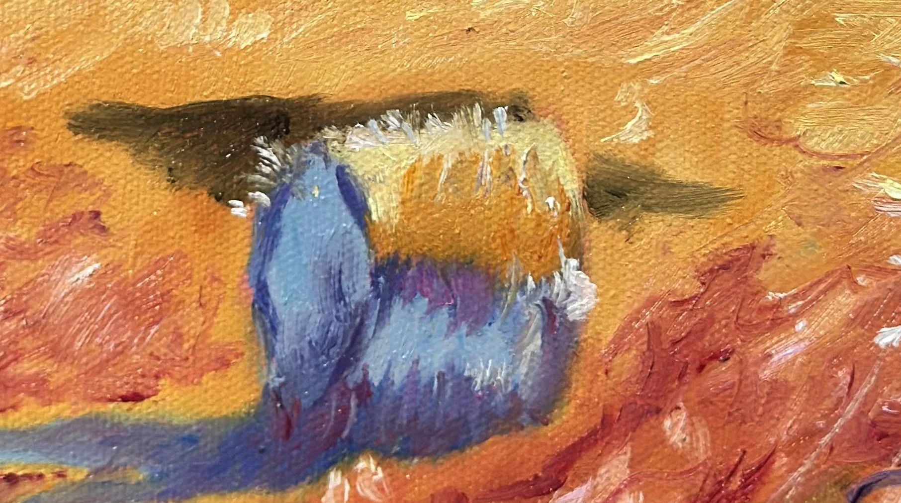 Close up of Scottish landscape oil painting showing golden hay by Susan McMillan.