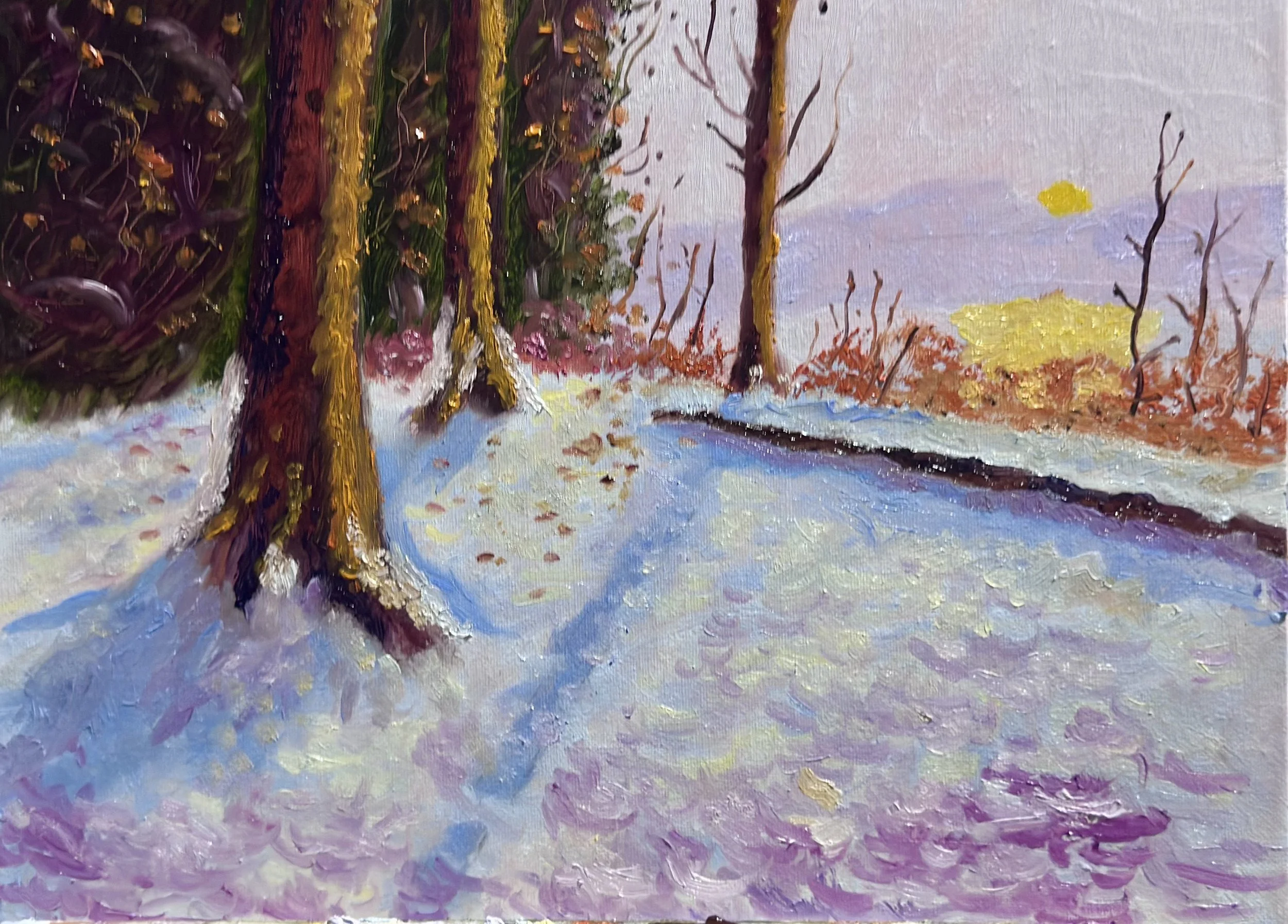 An impressionist painting of a snowy winter landscape with three trees in the foreground, a winding path, and a colorful sky with the setting sun in the distance.